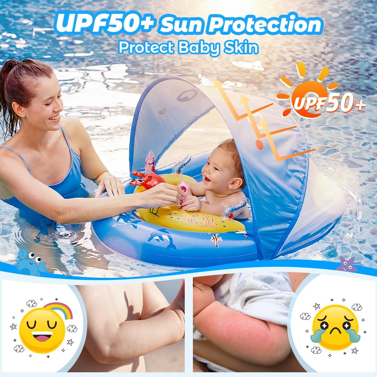 HotLAYCOL Baby Pool Float with Canopy UPF50+, 120°Adjustable Sun Protection and Anti-Tip Safety Seat, Inflatable Toddler Floaties Infant Pool Float with Animal Pool Toys, Baby Beach Essentials for 6-36M