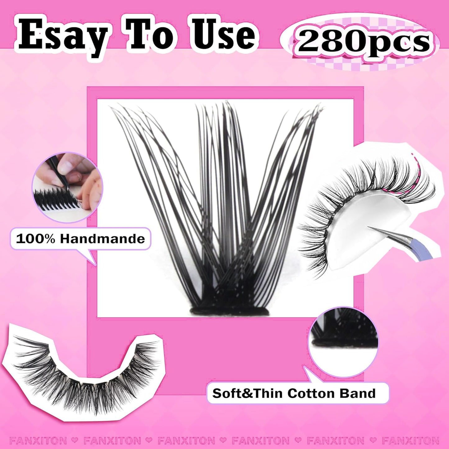 HotFANXITON DIY Individual Eyelash Extension Kit, Thick Volume Lash Clusters 40D+50D D Curvature, 280 Pieces Thin Band Cluster Lashes with Bond and Seal Tweezers