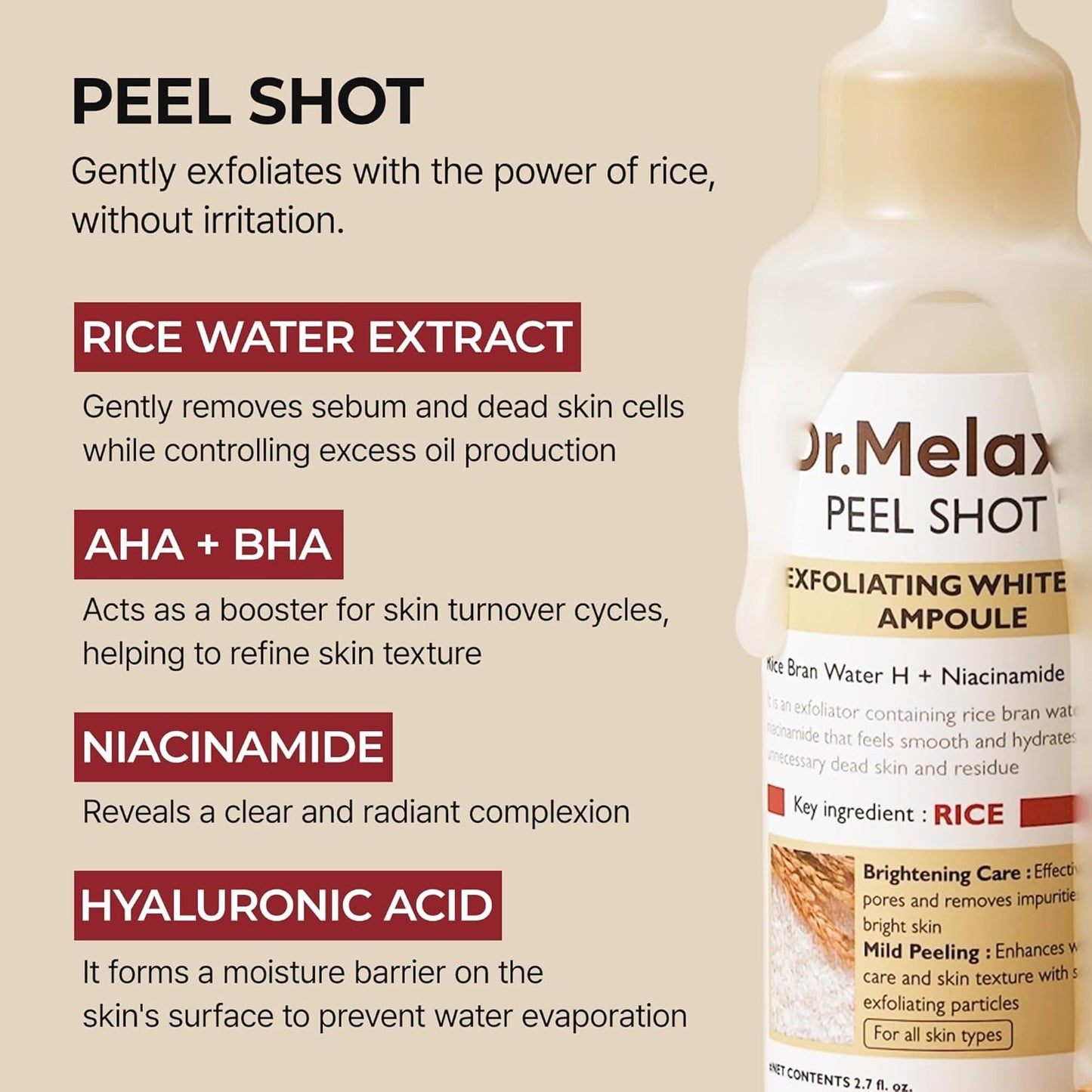 HotDr.Melaxin Peel Shot Glow White Rice Peeling Ampoule with Rice Extract & AHA BHA, Brightening & Gentle Exfoliating Serum for Sebum Control, Niacinamide & Hyaluronic Acid, Korean Skincare, 2.71 fl.oz