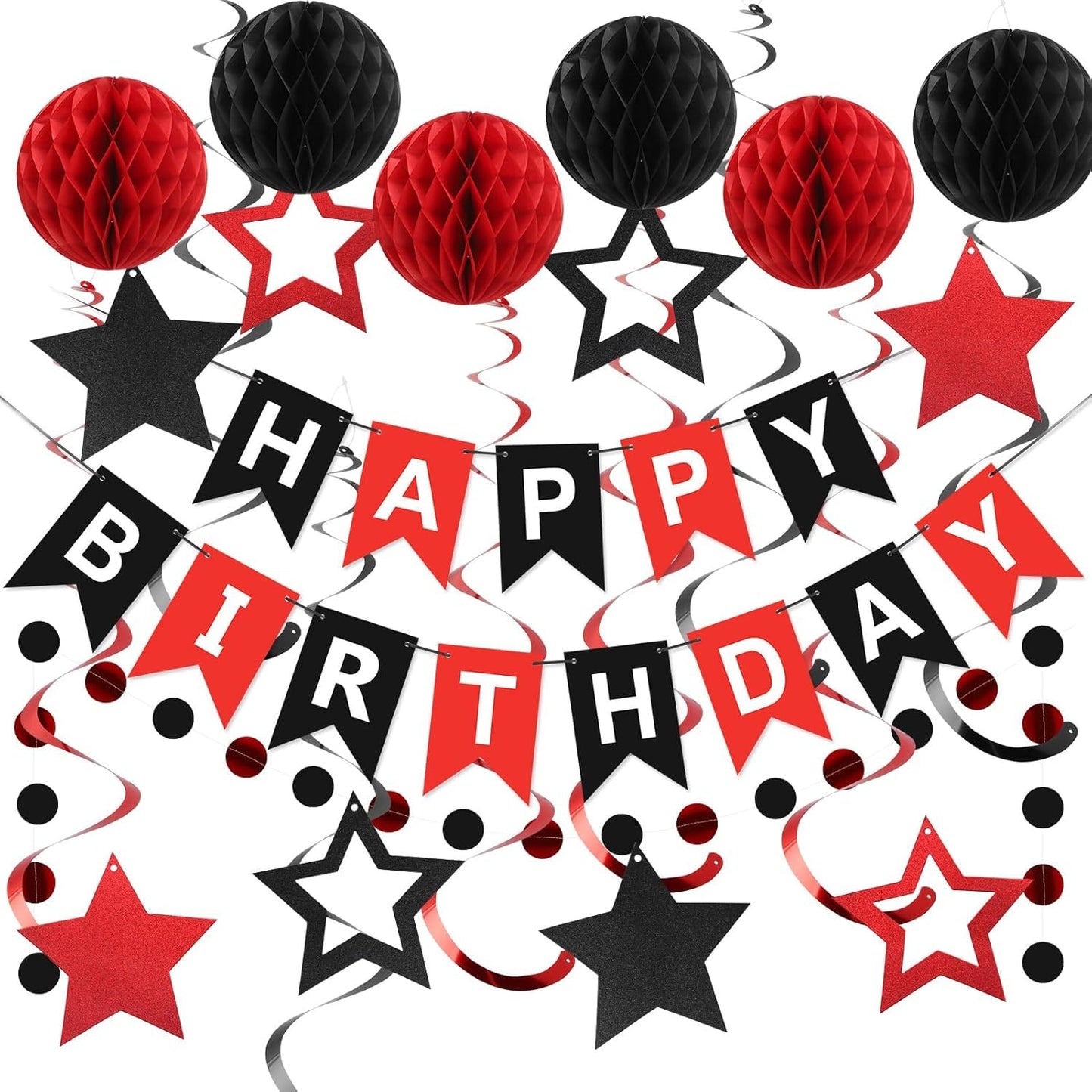 Hotmeowtastic Birthday Decorations Happy Birthday Banner with Honeycomb Balls | 16pcs Birthday Set: 1 Banner+6 Honeycomb Balls+8 Star Spirals+1 Circle Dots, Happy Birthday Decor - Blue