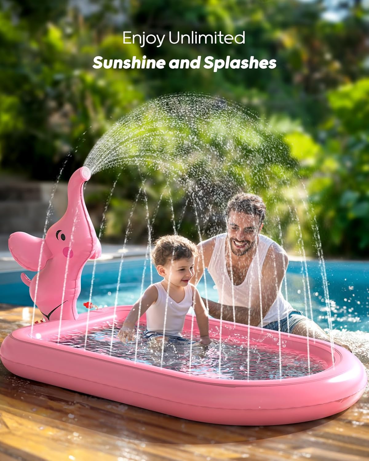 HotQPAU Splash Pads for Toddlers 1-3, Pink Elephant Toy Splash Pad for Kids, Outdoor Play Mat for Babies, Inflatable Sprinkler Pool for Birthday Girl Gifts 1 Year Old Girl