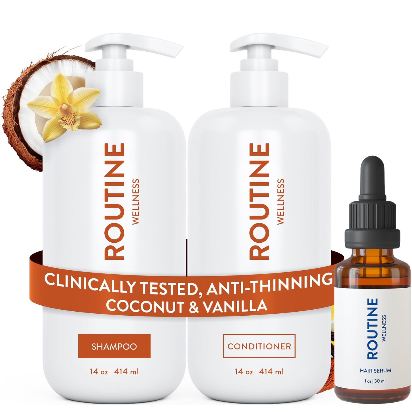 HotRoutine Wellness Anti-Thinning Shampoo & Conditioner - Coconut & Vanilla | Clinically tested shampoo for thinning hair with biotin, pea peptides, saw palmetto oil, color safe, sulfate free
