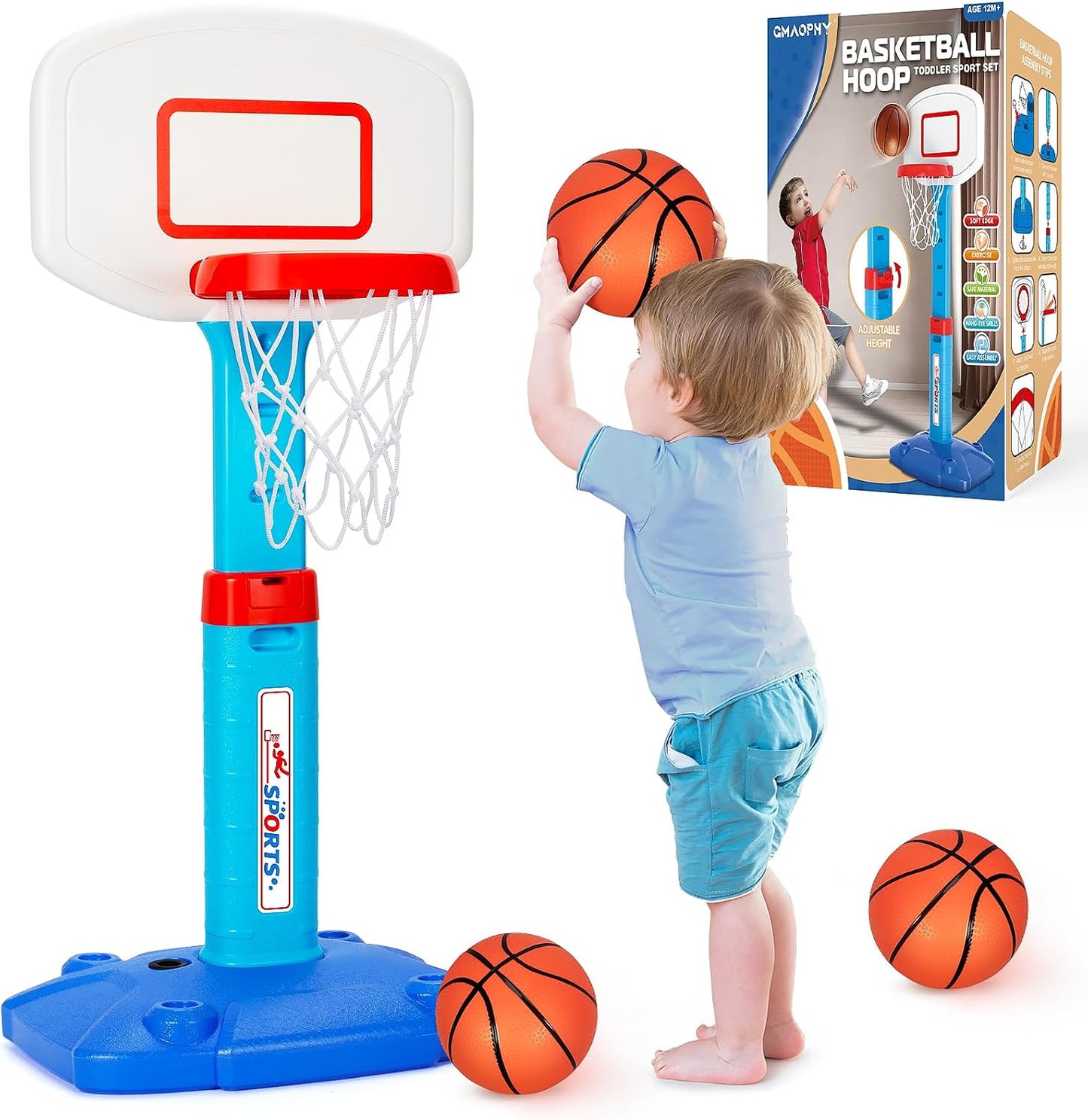 HotToddler Basketball Hoop Indoor for Age 1-3, Adjustable Kids Basketball Hoops, Mini Basketball Hoop with 3 Balls for Outdoor Poolside, Birthday Christmas Sport Toys Gift for Baby Boys Girls Age 1 2 3 4