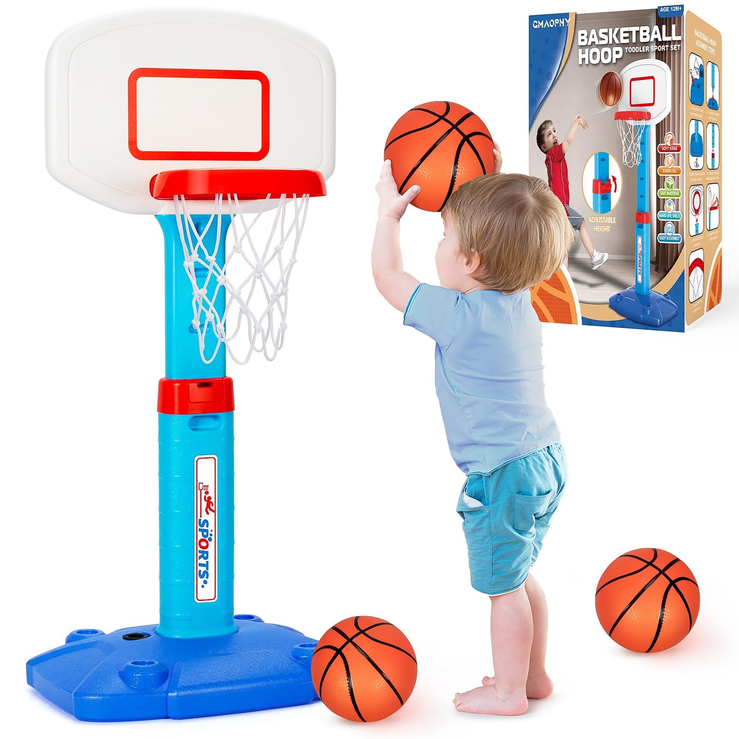 HotToddler Basketball Hoop Indoor for Age 1-3, Adjustable Kids Basketball Hoops, Mini Basketball Hoop with 3 Balls for Outdoor Poolside, Birthday Christmas Sport Toys Gift for Baby Boys Girls Age 1 2 3 4