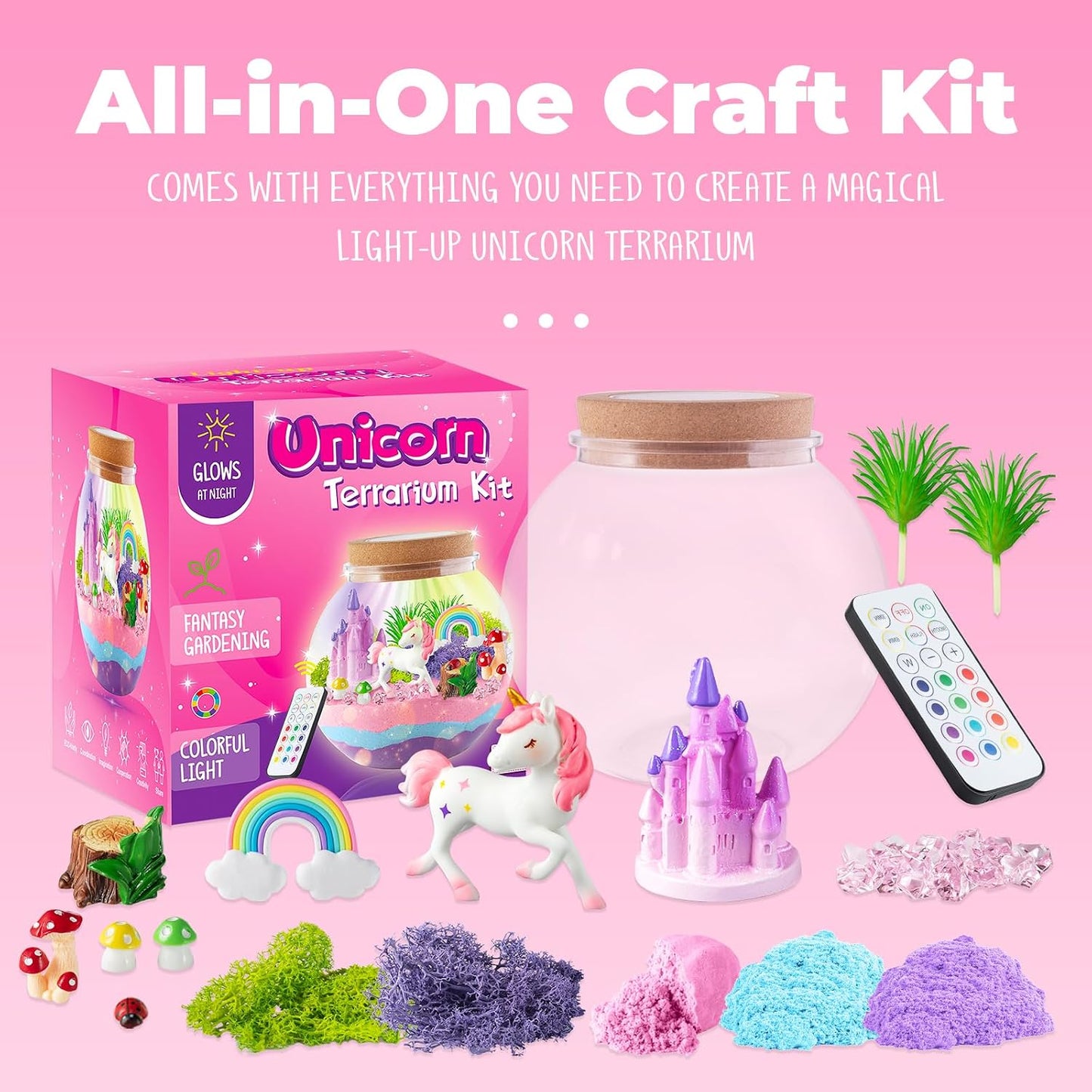 HotJOYEEMAX Unicorn Light-Up Terrarium Kit for Kids - LED Night Light Birthday Gift for Girls Ages 4 5 6 7 8-12 Year Old - Unicorn Toys for Girls - DIY Arts and Crafts Kit for Kids