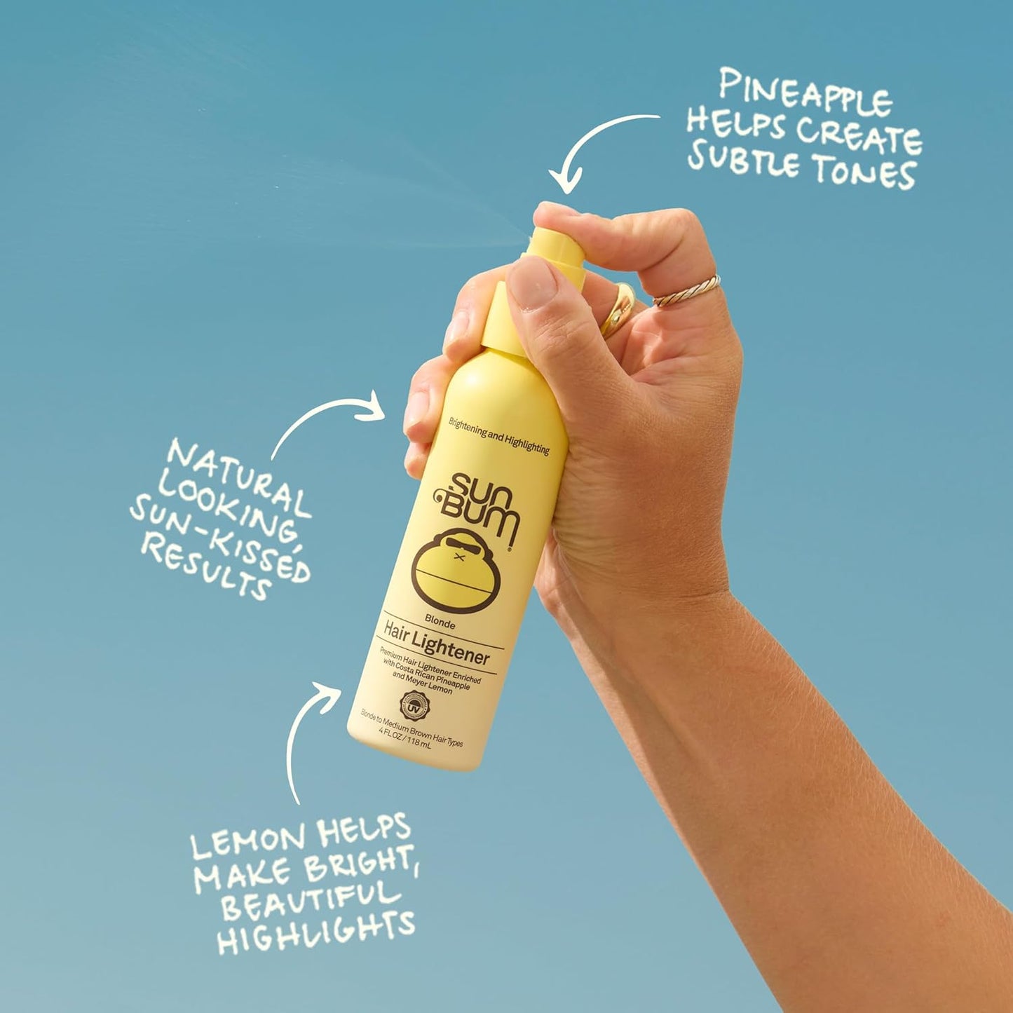 HotSun Bum Hair Lightener Spray - For Blonde to Medium Brown Hair Types - UV Protecting - Enriched with Pineapple and Meyer Lemon - Vegan - 4 oz