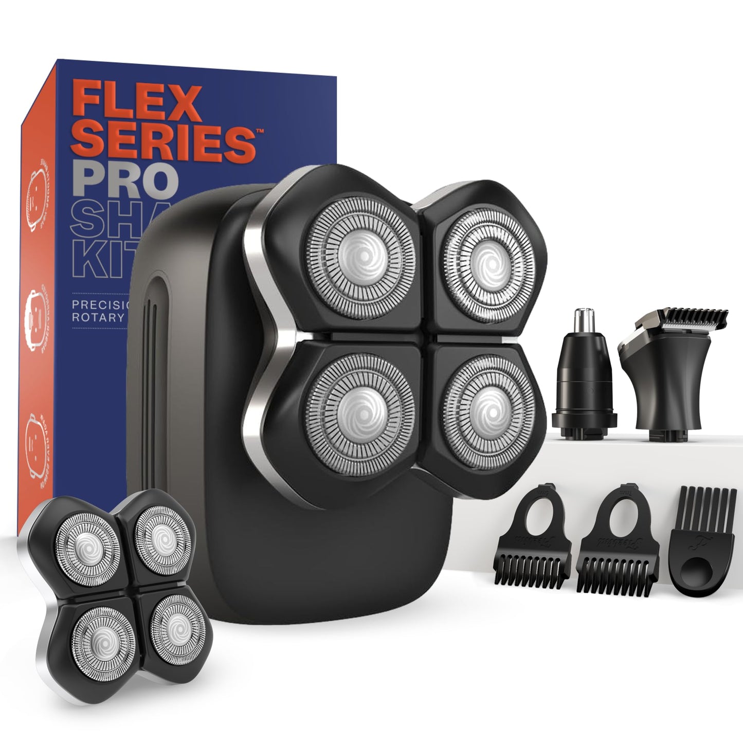 HotFreebird FlexSeries Electric Head & Body Hair Shaver - Mens Cordless Rechargeable Wet/Dry Skull Bald Head Back & Groin Waterproof Razor with Rotary Blades, Clippers, Nose Trimmer, Brush, Massager
