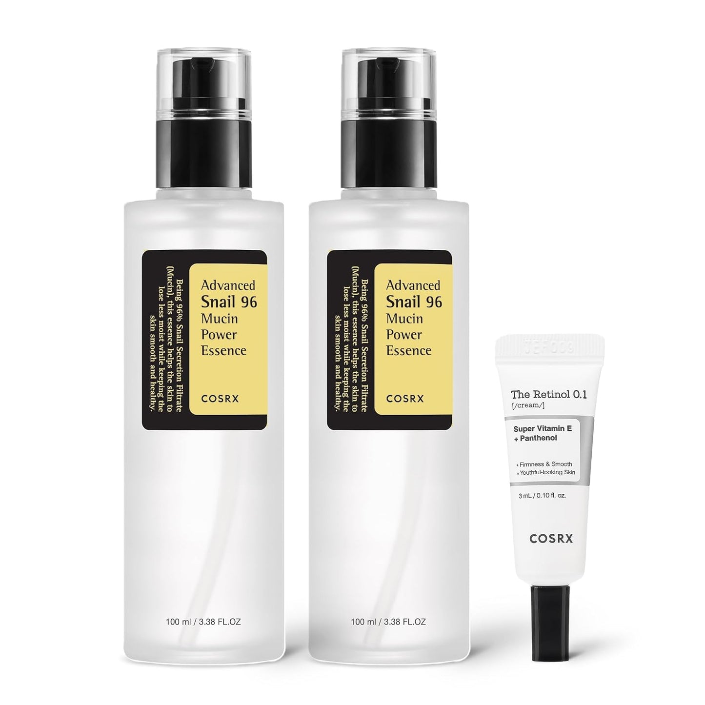HotCOSRX Snail 96% Mucin Power Essence 2ea & Retinol 0.1% Cream Mini Sample 1ea, Glass Skin Starter Set, Amazon Exclusive, Daily Hydrating & Firming Korean Skin Care Kit, Gift Set