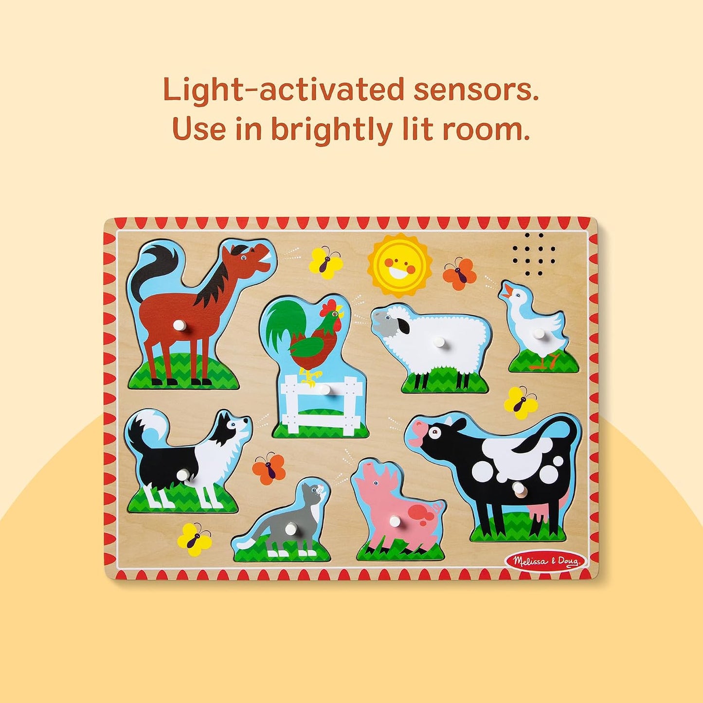 HotMelissa & Doug Farm Animals Sound Puzzle – 8-Piece Wooden Peg Puzzle with Light-Activated Sounds, Music Learning Toy for Toddlers and Preschoolers Ages 2+