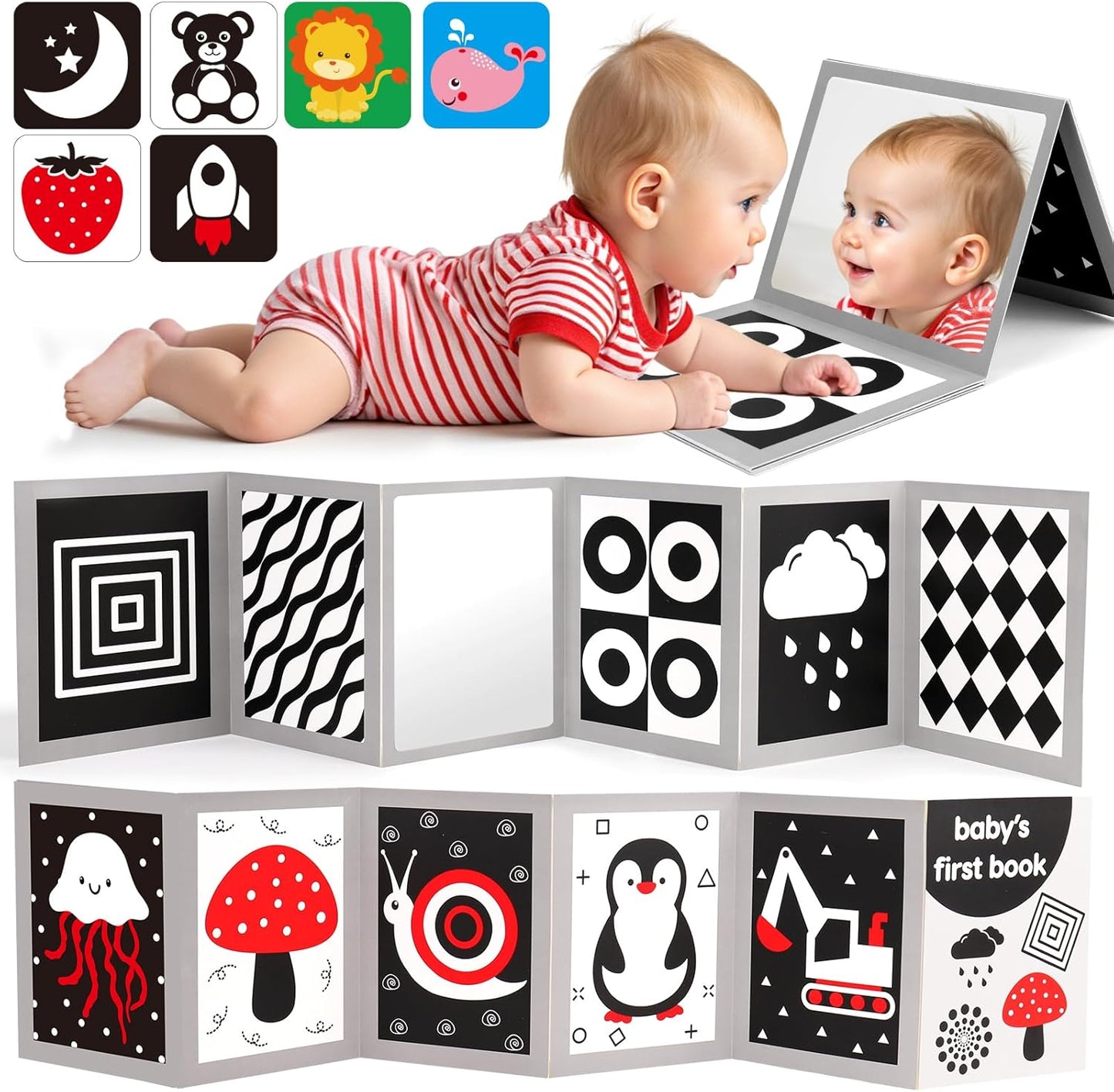 Hot Black and White High Contrast Baby Books Flash Cards Tummy Time Mirror Toys Newborn Toys 0 6 Months Brain Development Infant Stimulating Sensory Toy 0-3 3-6 2 4 5 Month Old Essential