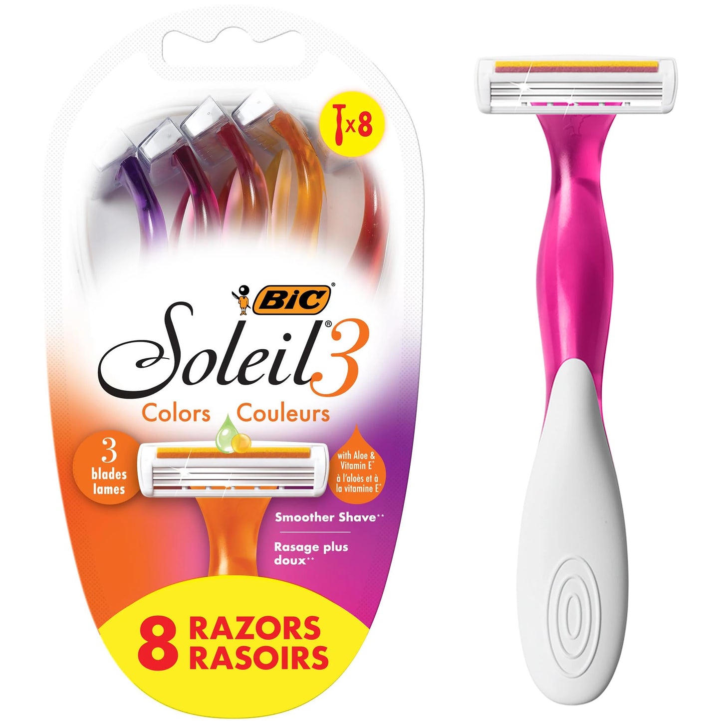 HotBIC Soleil 3 Colors Women's Disposable 3-Blade Razors, Aloe Vera Strip, College Dorm Room Essential, Shower Caddy and Toiletry Bag Ready, 14-Pack