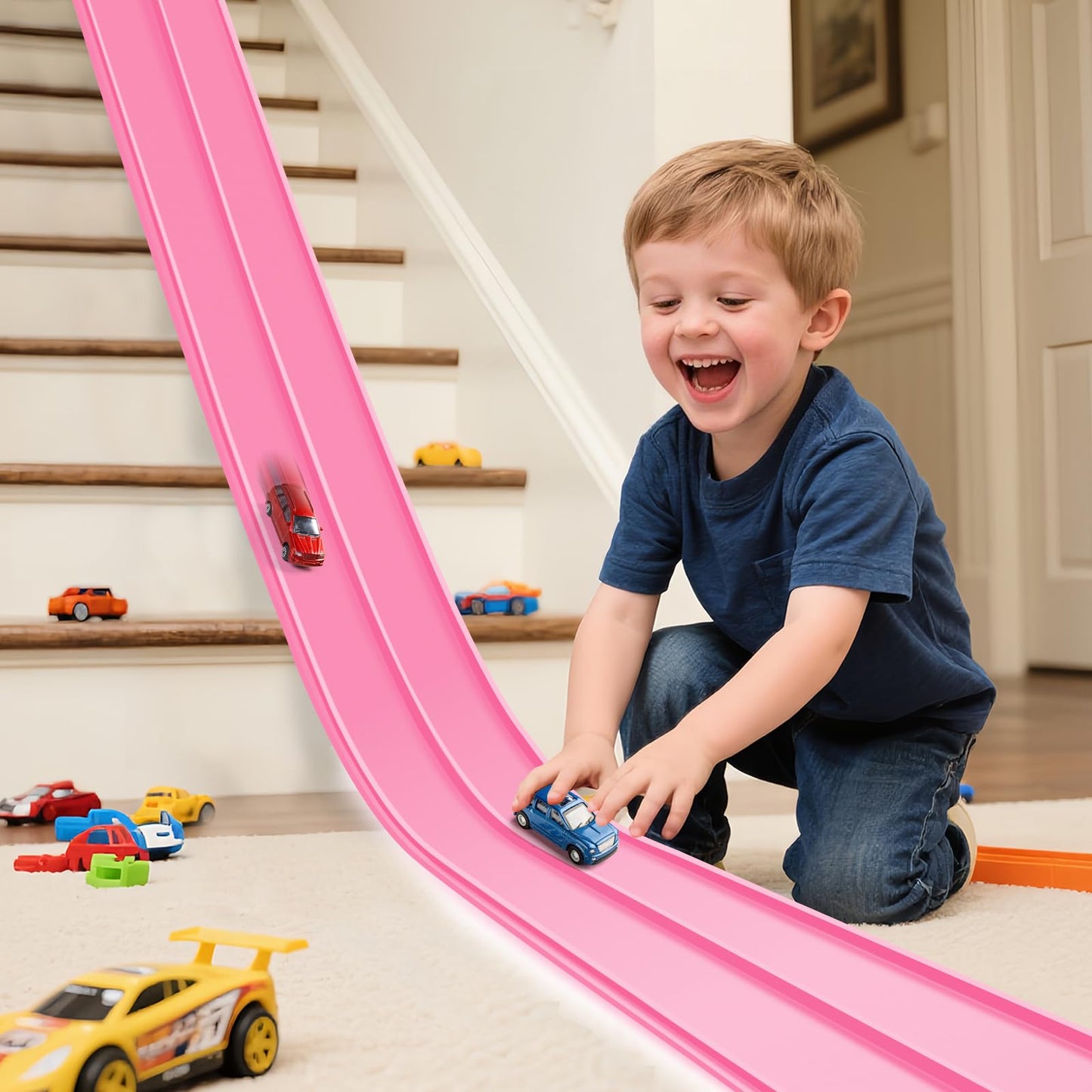 Hot Flex Tracks 15 Ft Starter Set Flexible Race Track for Kids 3+, Flexible Car Track Race Car Ramp Track Compatible with Diecast 1/64th Cars, Portable Rolls Up Race Tracks with Strong Suction Cups