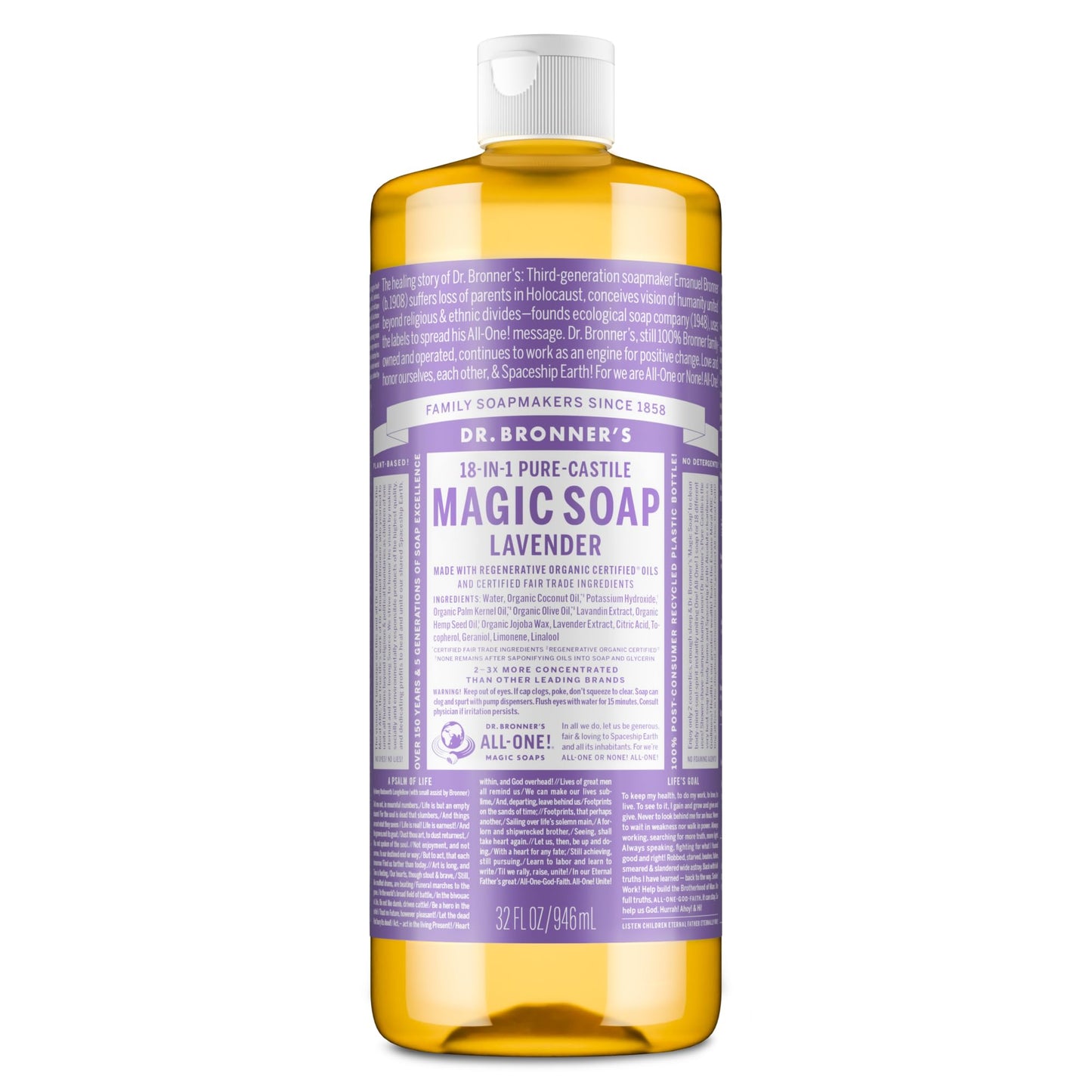 HotDr. Bronner's Pure-Castile Liquid Soap, Made with Organic Oils, 18-in-1 Uses: Face, Body, Hair, Laundry, Pets and Dishes, Concentrated, Vegan, Non-GMO, Lavender, 32 Oz