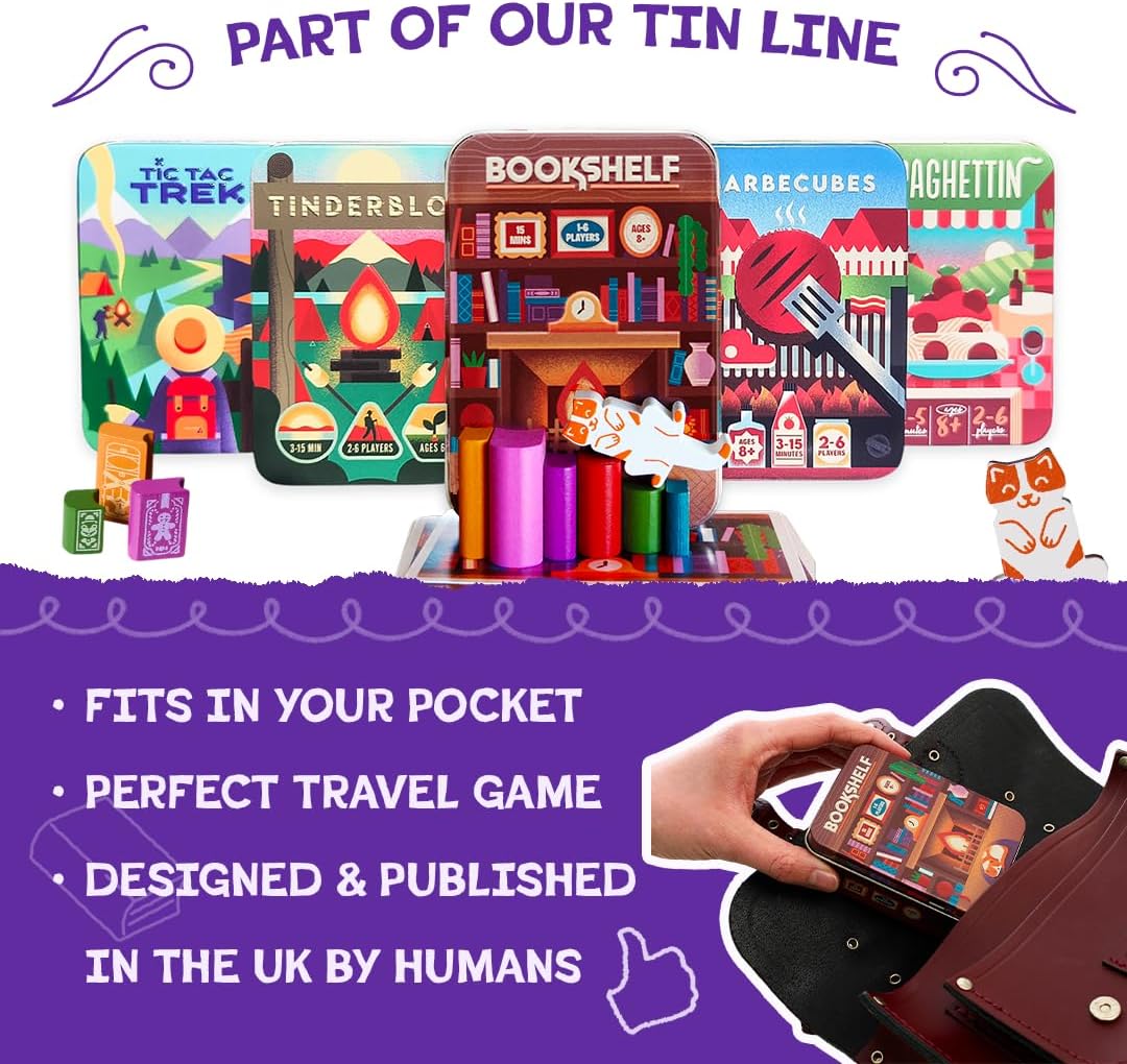 Hot Bookshelf by Alley Cat Games | Ages 8+ | 2-4 Players | Cooperative Stacking Game | Skill & Balance Card and Book Tower Game in Travel Tin | Cooperative Tabletop Challenge