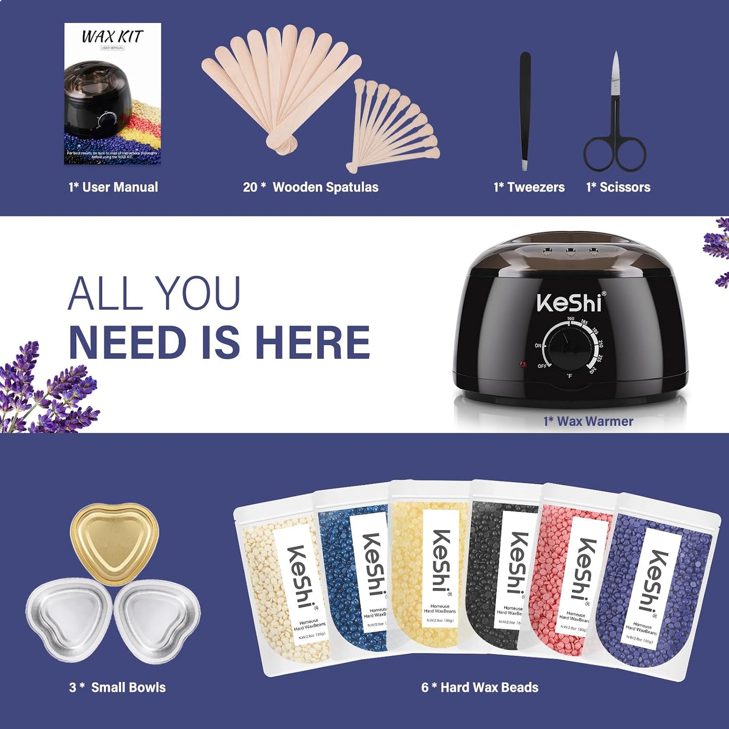 HotKeShi Waxing Kit, Painless Hair Removal Wax Warmer with 6 Bags Hard Wax Beans for Full Body, Legs, Face, Eyebrows & Bikini— Ideal for Both Women & Men