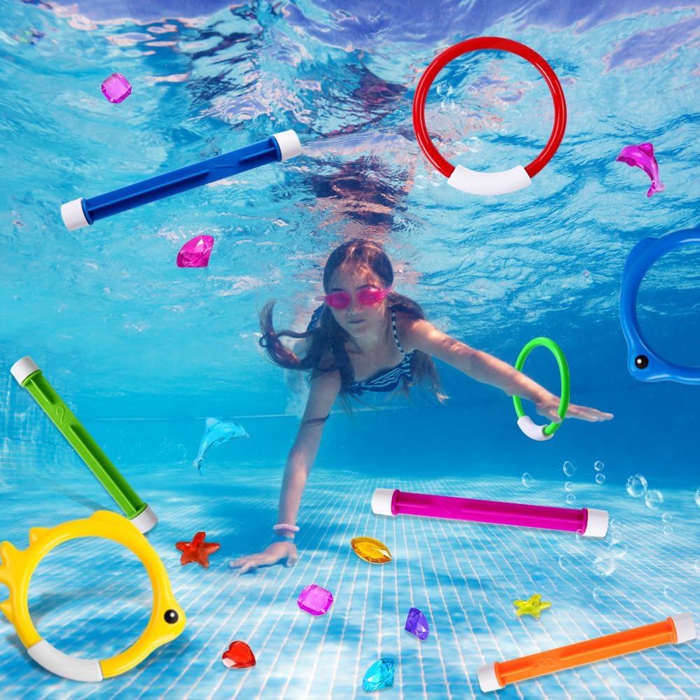 HotYUJUN 18PCS Pool Diving Swimming Toys, Summer Underwater Game Toys with Pool Fishes Dive Sticks Rings Gems Storage Bag for Kids Swim Birthday Party Favors
