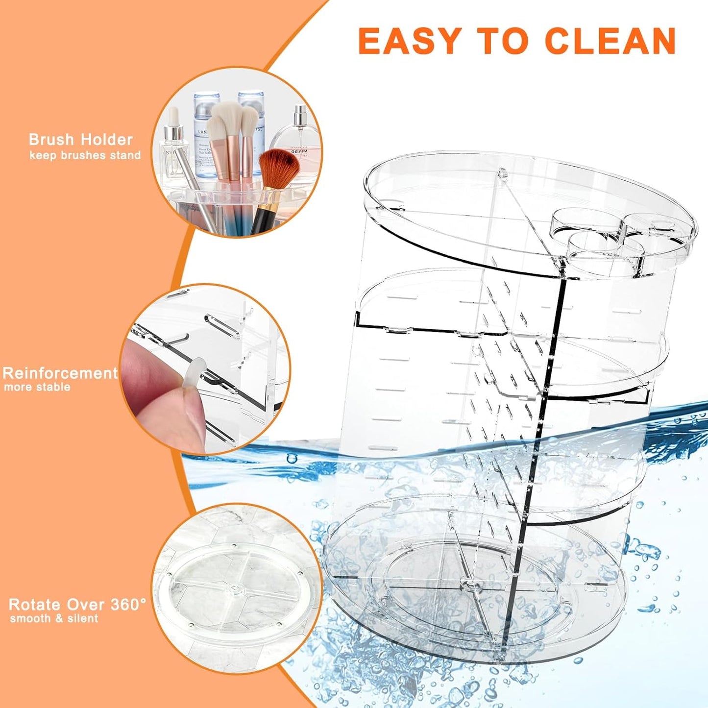 HotRotating Makeup Organizer, DIY 8 Adjustable Layers Spinning Skincare Storage, Cosmetic Display Case with Brush Holder and Perfume Tray, Multi-Function Vanity Bathroom Countertop Organizer Clear
