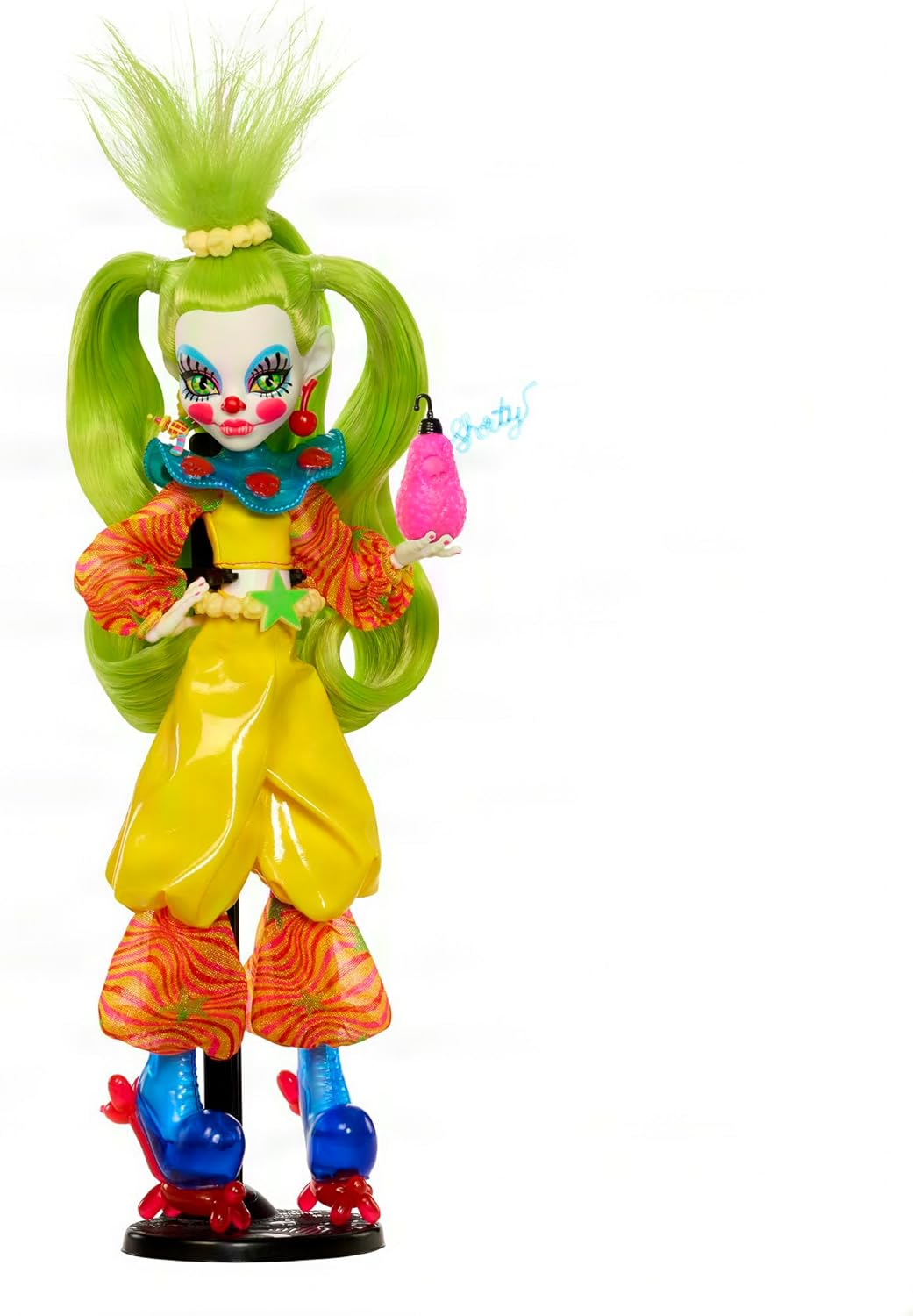 Hot Monster High Skullector Shorty Doll, Killer Klowns from Outer Space Collectible with Green Hair, Yellow Clown Clothes, Balloon Shoes and Doll Stand (Amazon Exclusive)