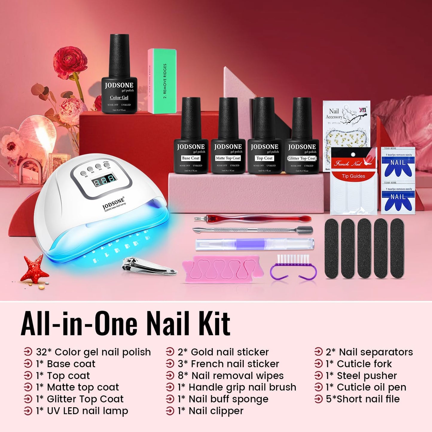HotJODSONE Gel Nail Polish Kit with U V Light 32 Colors Gel Polish Nail + 4 Functional Adhesive Bottles Kit Soak Off Manicure Tools Gifts for Women
