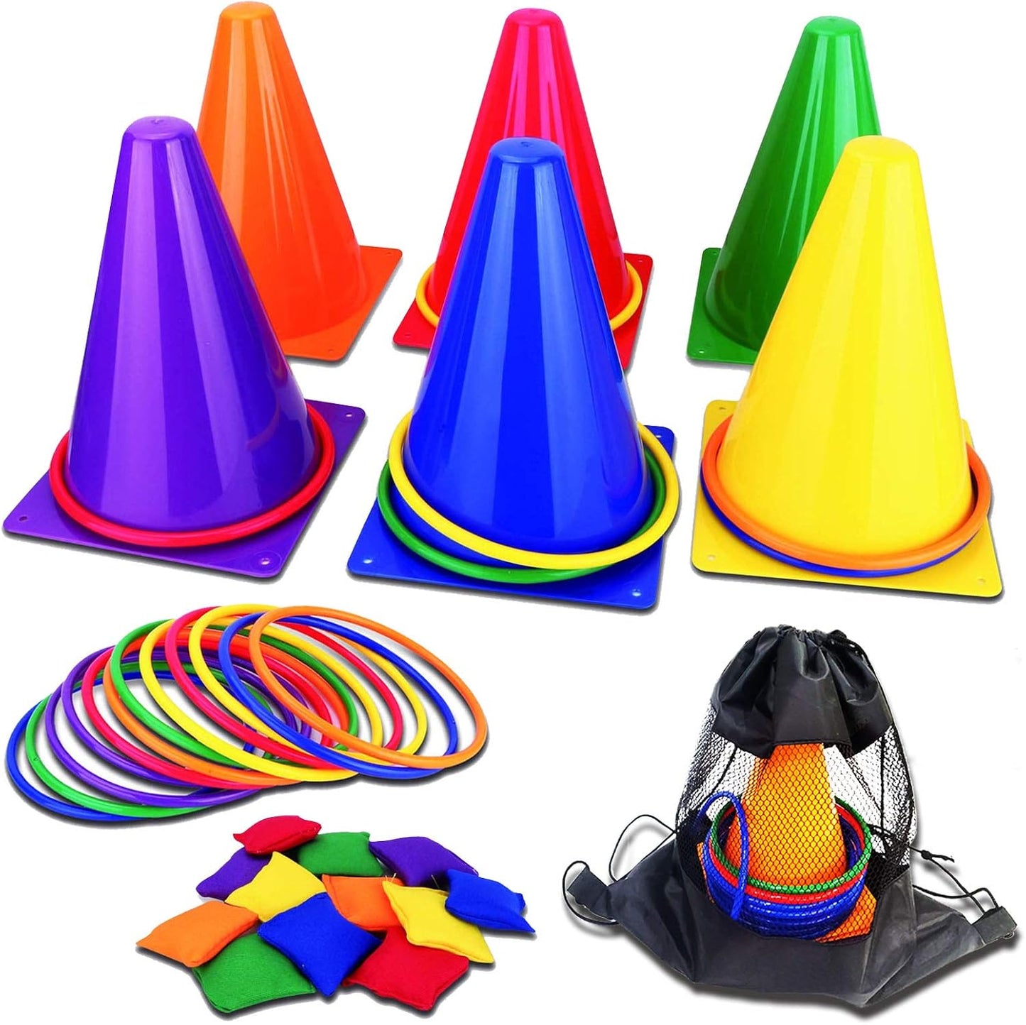 Hot unanscre 31PCS 3 in 1 Carnival Outdoor Games Combo Set for Kids, Soft Plastic Cones Bean Bags Ring Toss Game, Gift for Birthday Party/Xmas