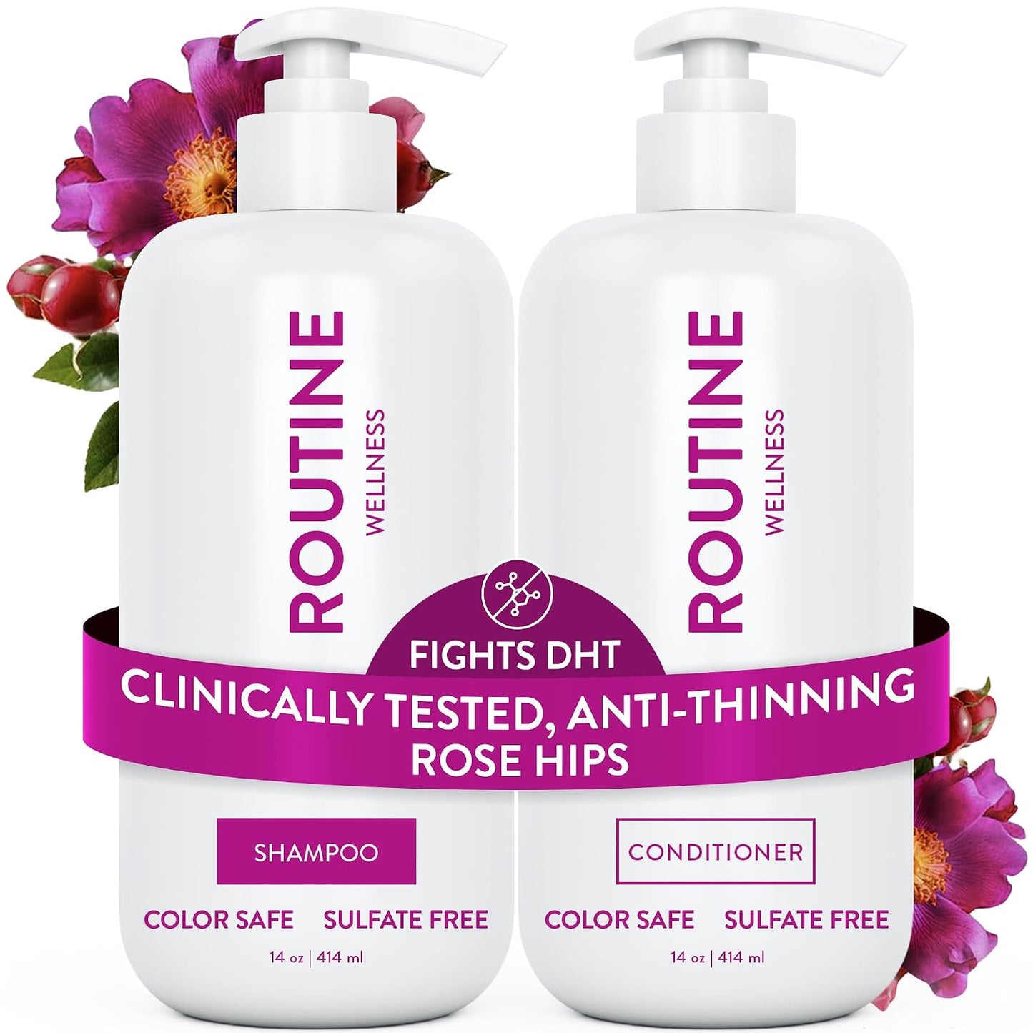 HotRoutine Wellness Anti-Thinning Shampoo & Conditioner - Rose Hips | Clinically tested shampoo for thinning hair with biotin, pea peptides, saw palmetto oil, color safe, sulfate free