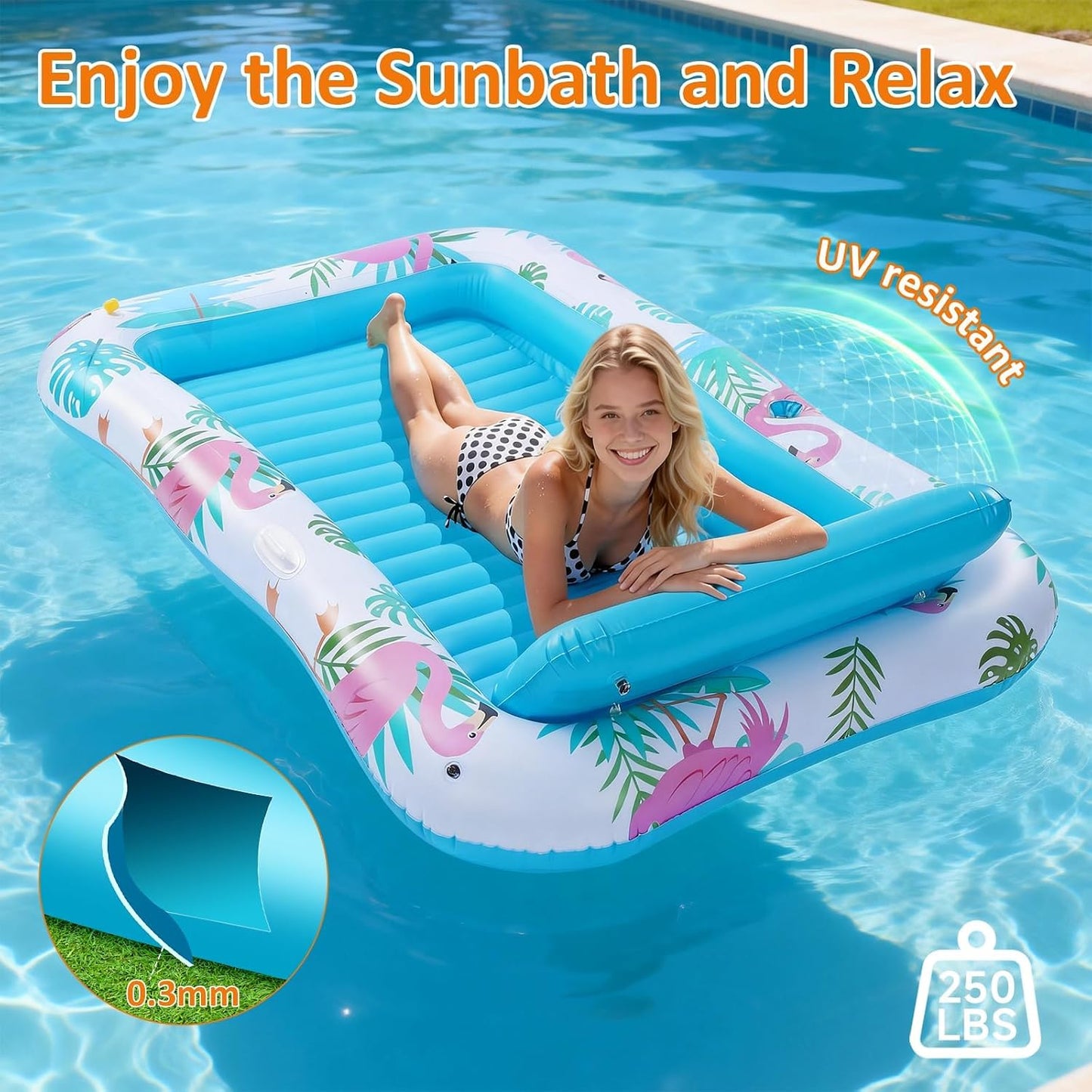 Hot Inflatable Tanning Pool Lounger Float with Sprinkler, Pool Float Adult with Pillow & Cup Holder, Sunbathing Blow Up Tanning Bed, Suntan Tub Raft Floatie for Backyard Summer Water Party Extra-Large