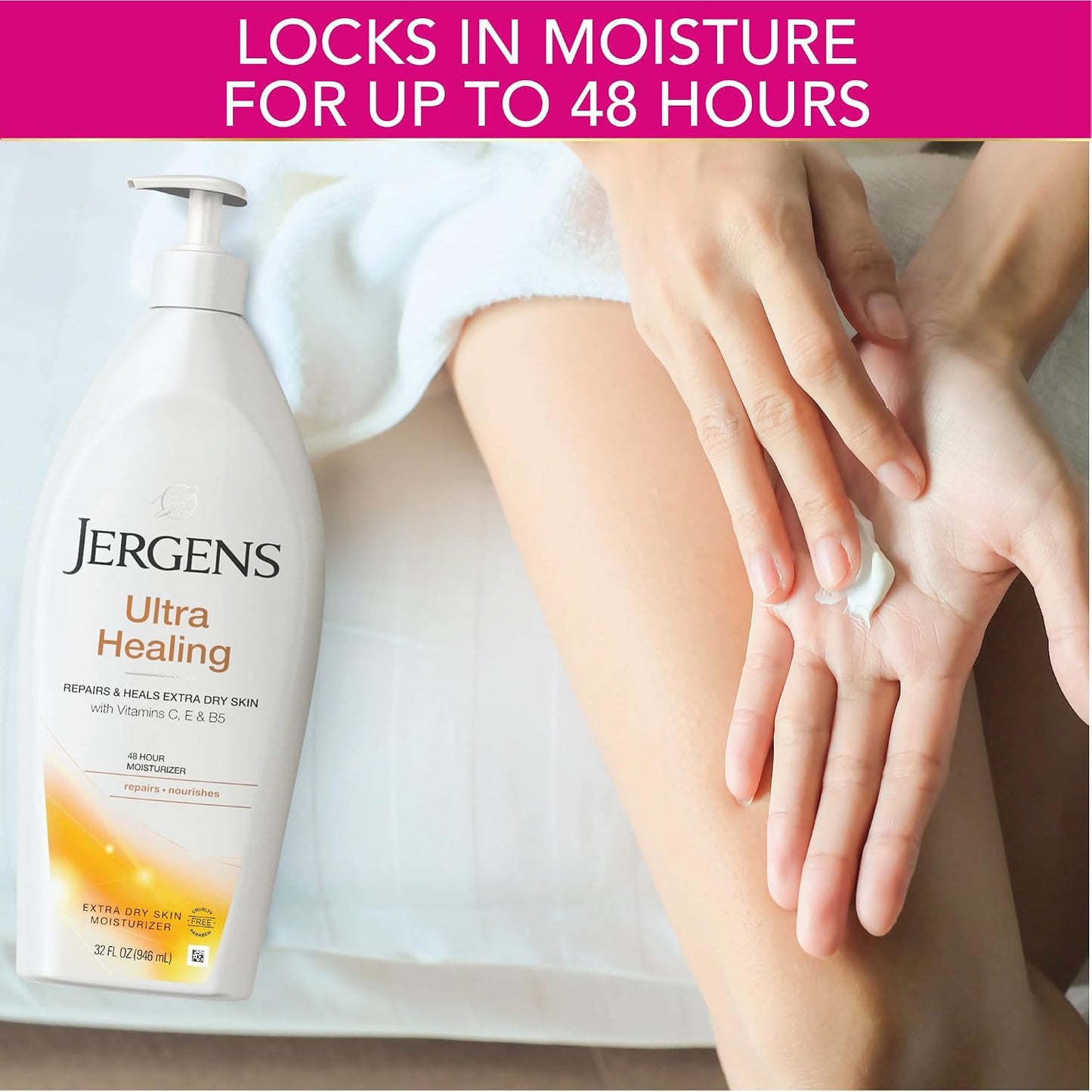 HotJergens Ultra Healing Dry Skin Lotion, Hand and Body Moisturizer for Quick Absorption into Extra Dry Skin with Hydralucence Blend, Vitamins C, E and B5, White, 32oz