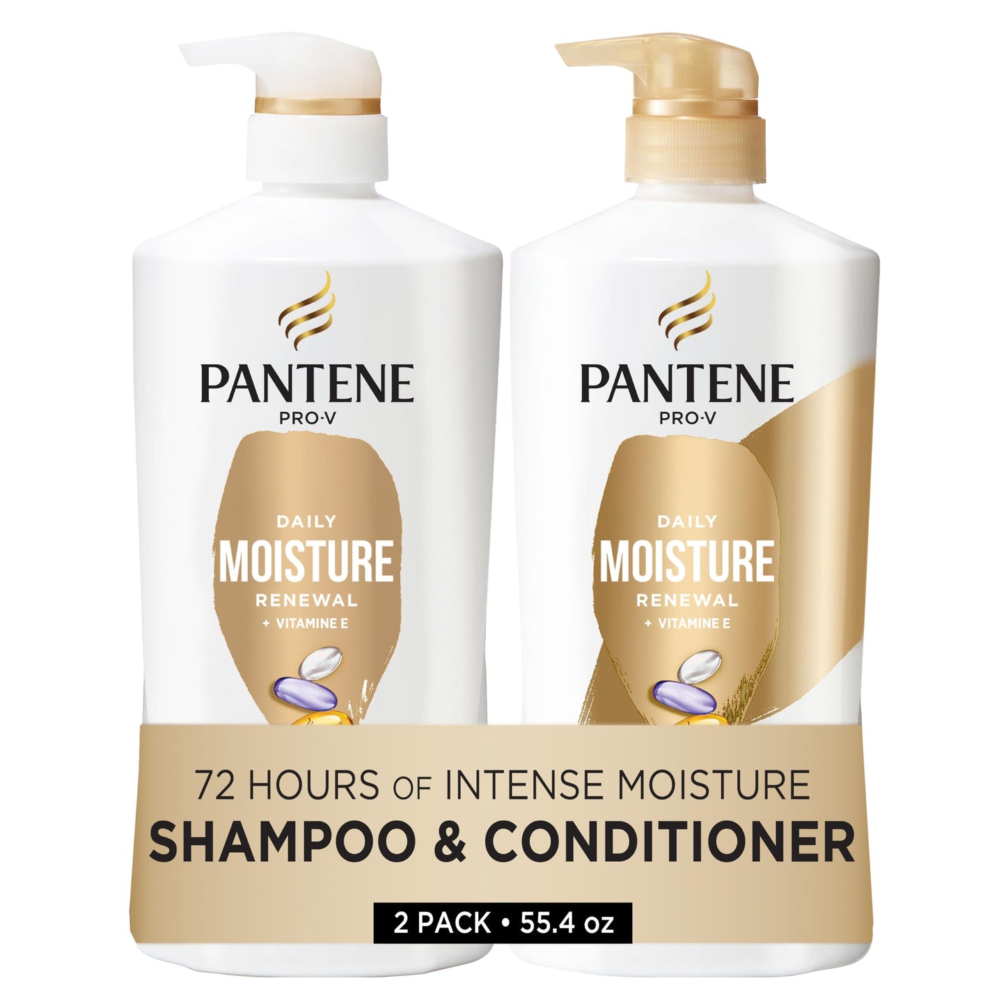 HotPantene Shampoo & Conditioner Set, Daily Moisture Renewal - Pro-V Nutrients for Dry, Color-Treated, Straight to Curly Hair, 72-Hour Hydration & Softness, 52.8 Oz Total + Miracle Rescue Shot (0.5 Oz)