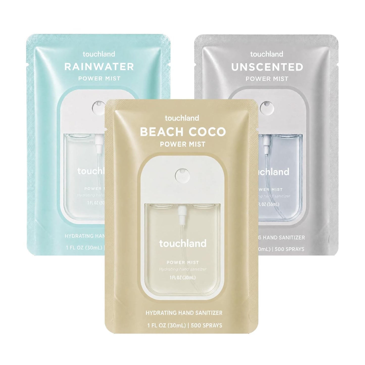 HotTouchland Dye Free Trio Hydrating Hand Sanitizer Spray Set Travel Size | TSA ready Power Mist with skincare benefits. Rainwater, Beach Coco and Unscented.