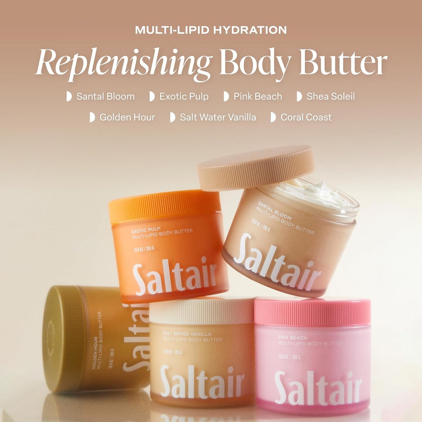 HotSaltair Multi-Lipid Body Butter - Rich, Nourishing Hydrating Body Cream with Ceramide Complex, Coconut Oil, Shea Butter, and Sea Buckthorn. Moisturizing Dry Skin Care. 10oz Jar - Santal Bloom