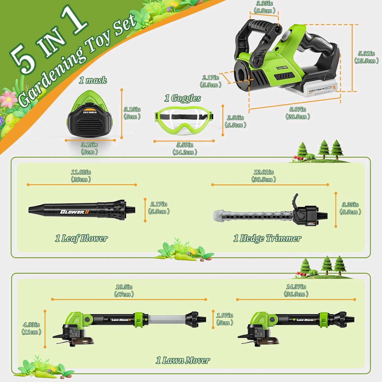 HotKids Tool Set, 3-IN-1 Toddler Power Garden Tools with Sounds & Lights, Volume+/-, Toy Weed Wacker, Leaf Blower&Hedge Trimmer, Outdoor Play Toy Tools, Christmas Birthday Gifts for Boy Toys 3 4 5 6 7 8+