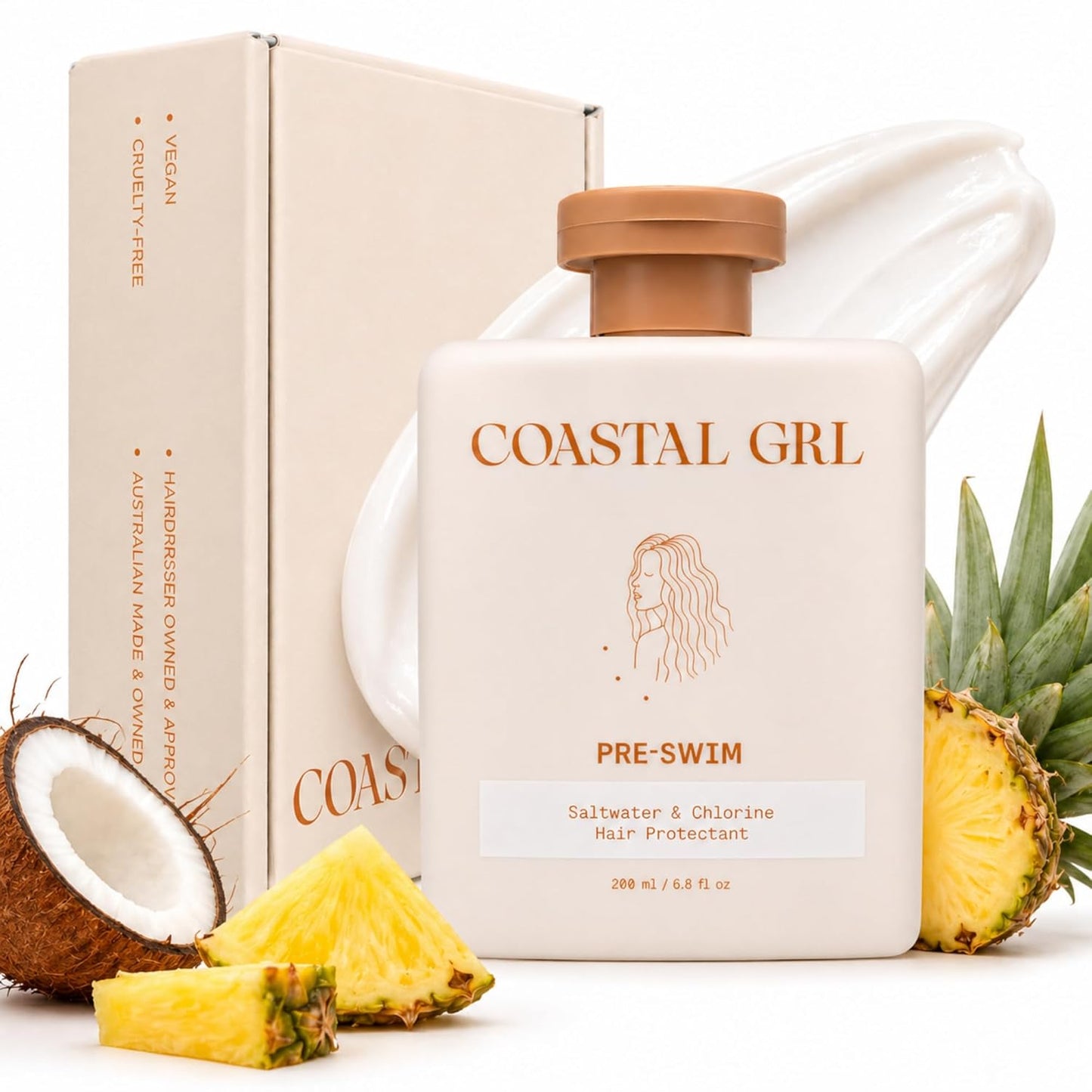 HotPRE-SWIM Saltwater & Chlorine Hair Protectant, Leave In Conditioner for Swimming, Pool & Beach for Dry Frizzy, Color Treated Hair & Extensions, Tropical Coconut Pineapple Scent, 6.8 fl oz