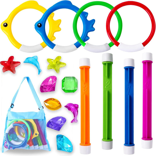 HotYUJUN 18PCS Pool Diving Swimming Toys, Summer Underwater Game Toys with Pool Fishes Dive Sticks Rings Gems Storage Bag for Kids Swim Birthday Party Favors