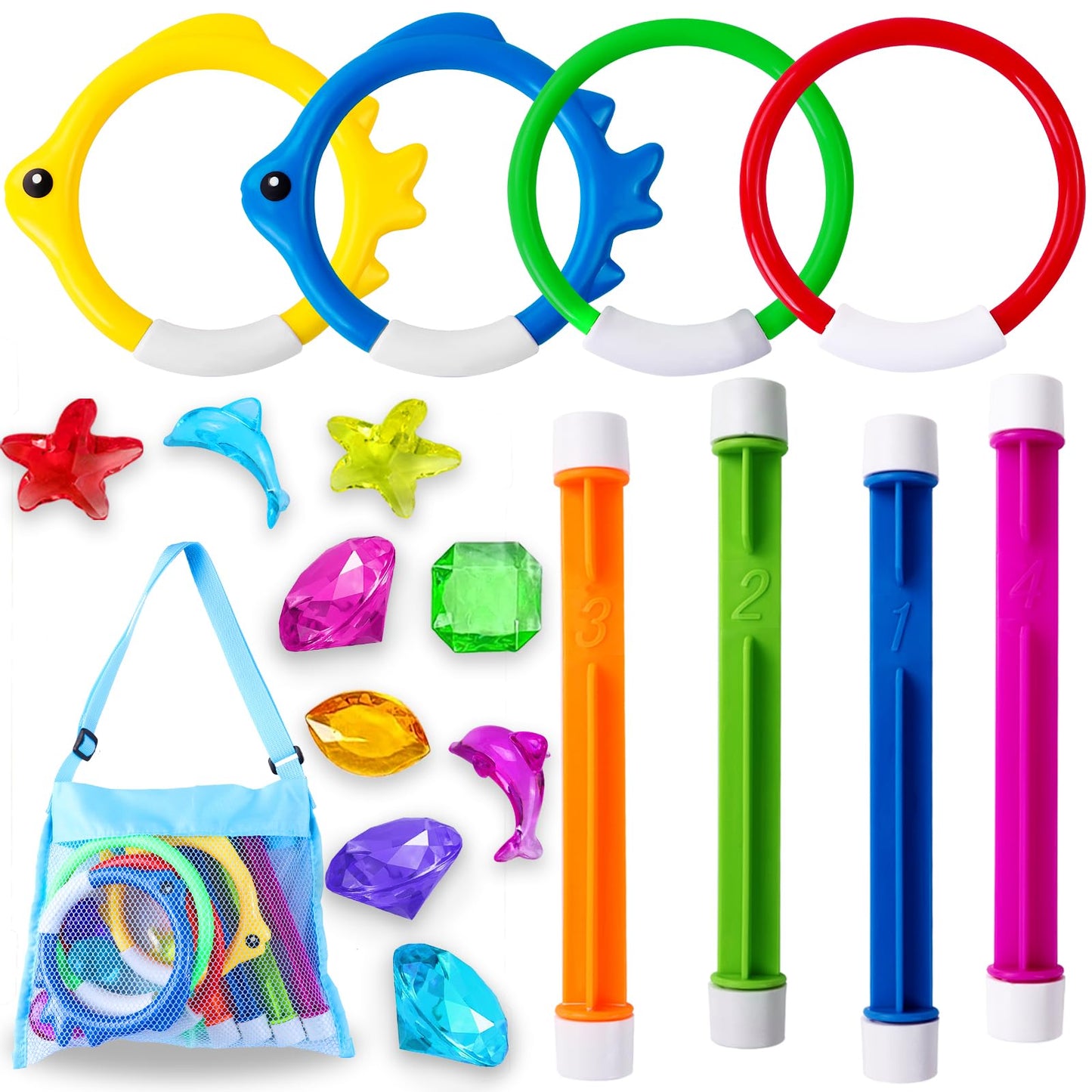 HotYUJUN 18PCS Pool Diving Swimming Toys, Summer Underwater Game Toys with Pool Fishes Dive Sticks Rings Gems Storage Bag for Kids Swim Birthday Party Favors