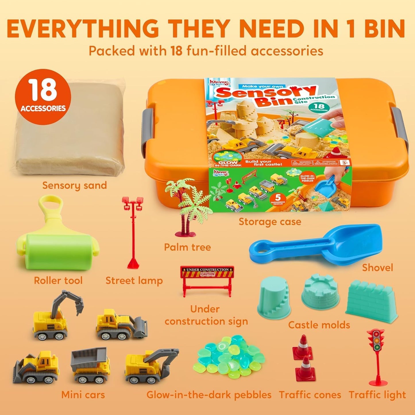 HotJOVA Klever Kits Construction Sensory Bin for Toddlers with Glow in The Dark Stones, Sandbox with Lid Castle Building kit, Preschool Learning Activities Gifts for Boys Girls Age 3+