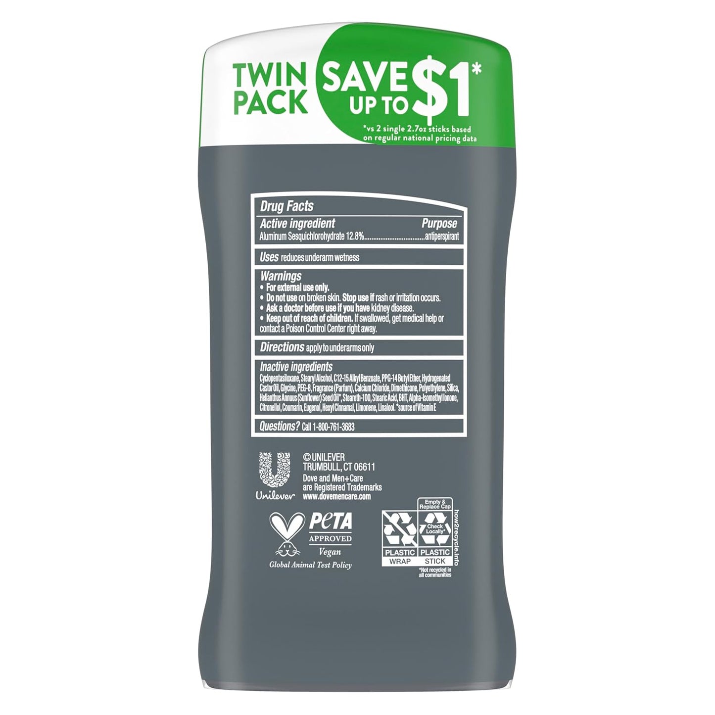 HotDove Men+Care Extra Fresh Men's Antiperspirant Deodorant Stick Extra Fresh Twin pack With 72-hour sweat & odor protection with 1/4 Moisturizing Cream & Long-lasting Citrus Scent 2.7 oz