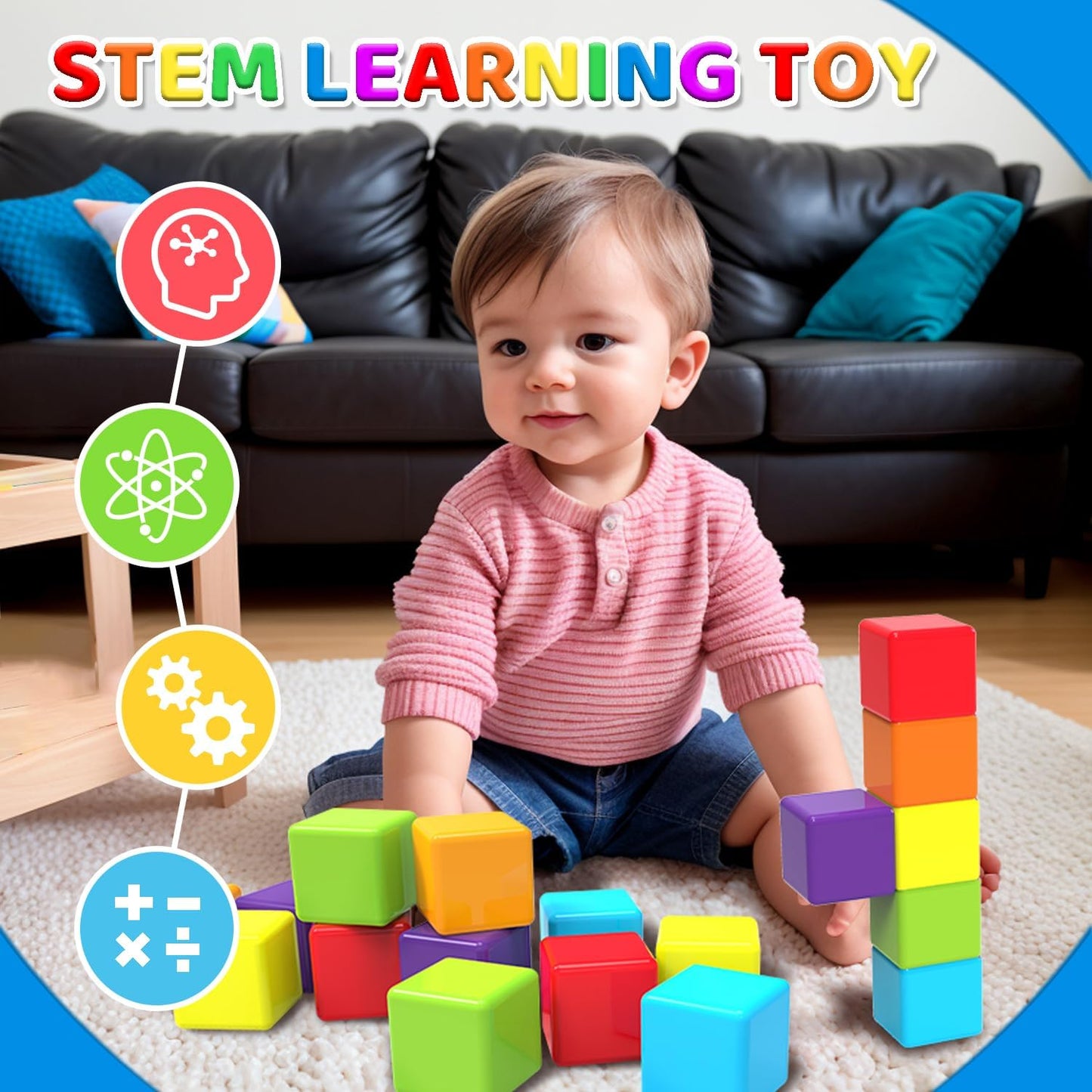 HotMagnetic Building Blocks Large, 1.65 inch Magnetic Stacking Cubes for Toddlers, Sensory & Montessori Toys for Boys & Girls 1 2 3 Years Old (12 PCS)