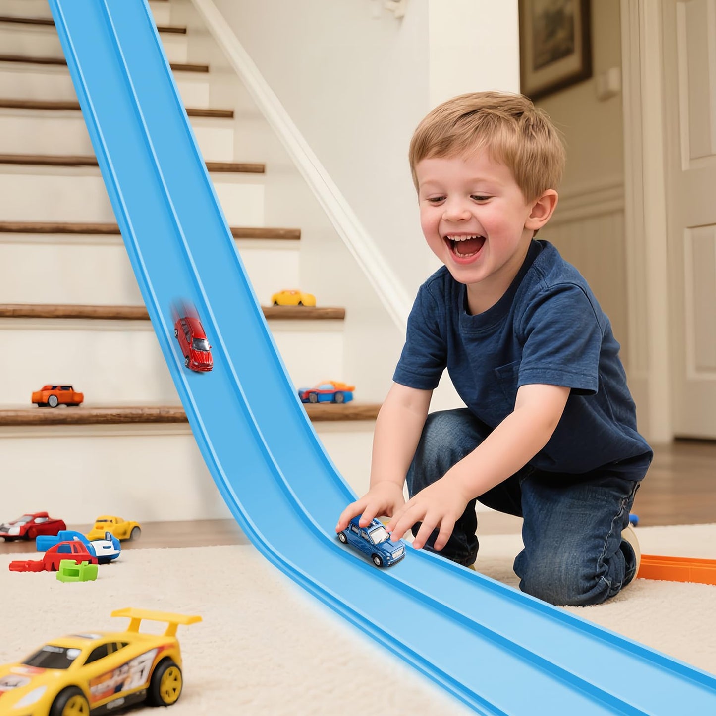 Hot Flex Tracks 15 Ft Starter Set Flexible Race Track for Kids 3+, Flexible Car Track Race Car Ramp Track Compatible with Diecast 1/64th Cars, Portable Rolls Up Race Tracks with Strong Suction Cups