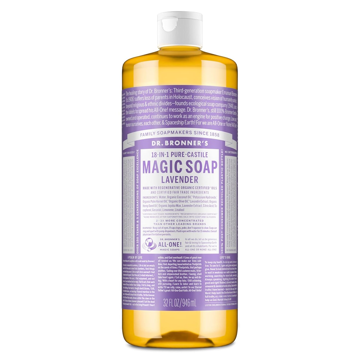 HotDr. Bronner's Pure-Castile Liquid Soap, Made with Organic Oils, 18-in-1 Uses: Face, Body, Hair, Laundry, Pets and Dishes, Concentrated, Vegan, Non-GMO, Lavender, 32 Oz