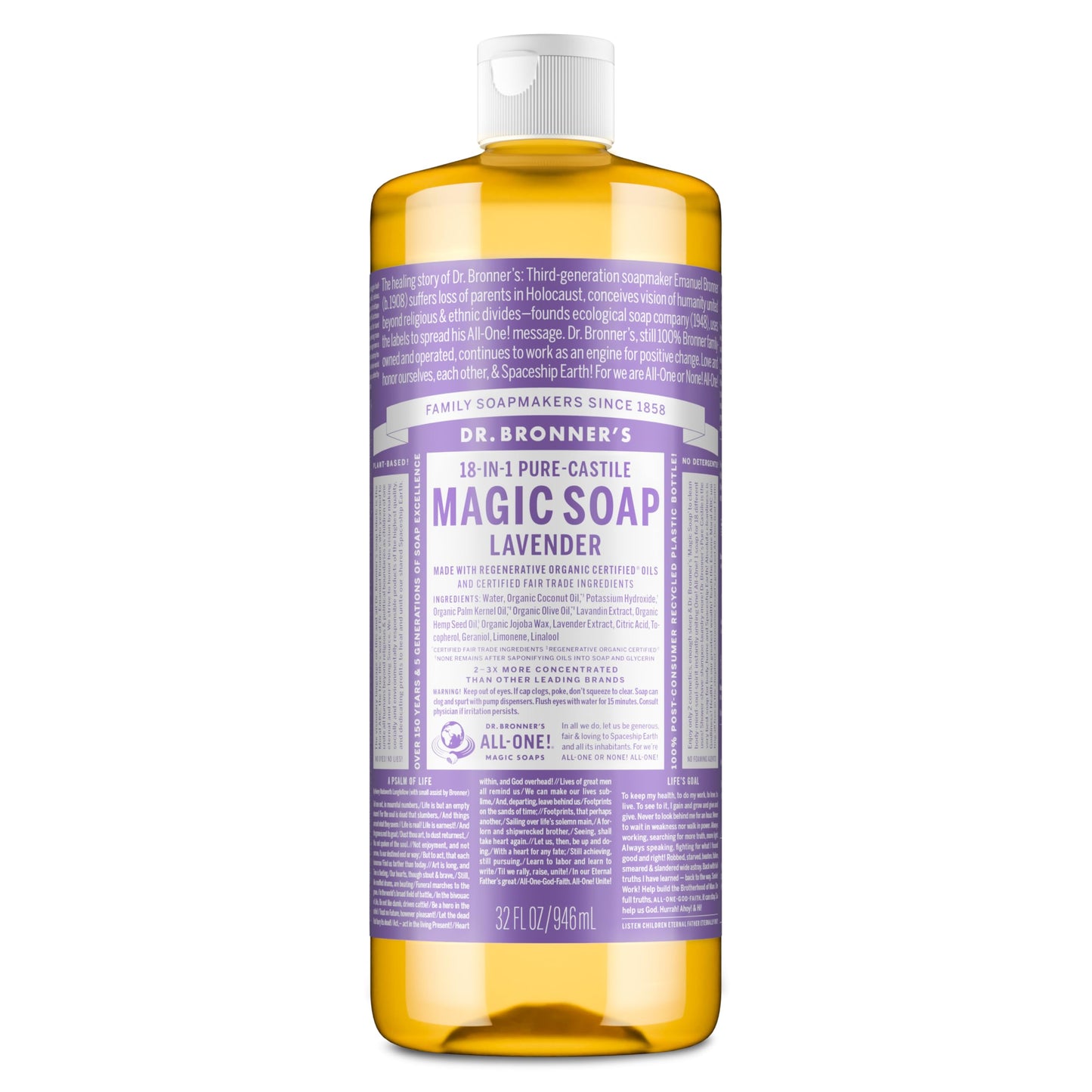 HotDr. Bronner's Pure-Castile Liquid Soap, Made with Organic Oils, 18-in-1 Uses: Face, Body, Hair, Laundry, Pets and Dishes, Concentrated, Vegan, Non-GMO, Lavender, 32 Oz