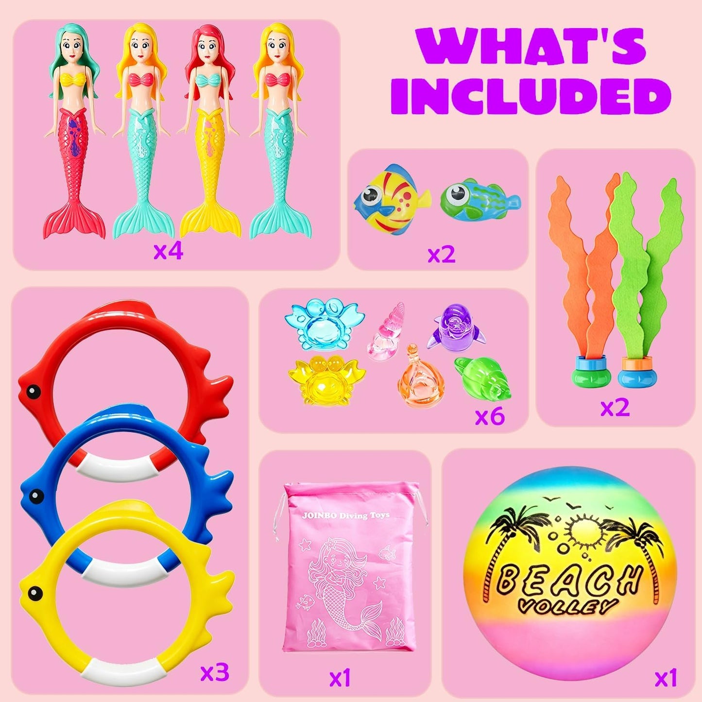 Hot18 Pcs Diving Pool Toys for Kids Ages 3-12 Set with Storage Bag,Pool Games Summer Swim Water Sinking Mermaid Toys