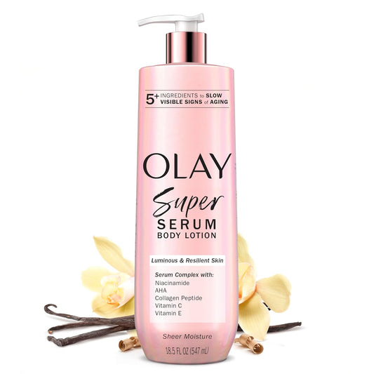HotOlay Super Serum Hand & Body Lotion for Dry Skin, 24hr Long Lasting Hydration, 5+ Ingredient Complex for Bright Even Firm Luminous Skin, Sweet Vanilla & Soft Wood Scent, 18.5 fl oz
