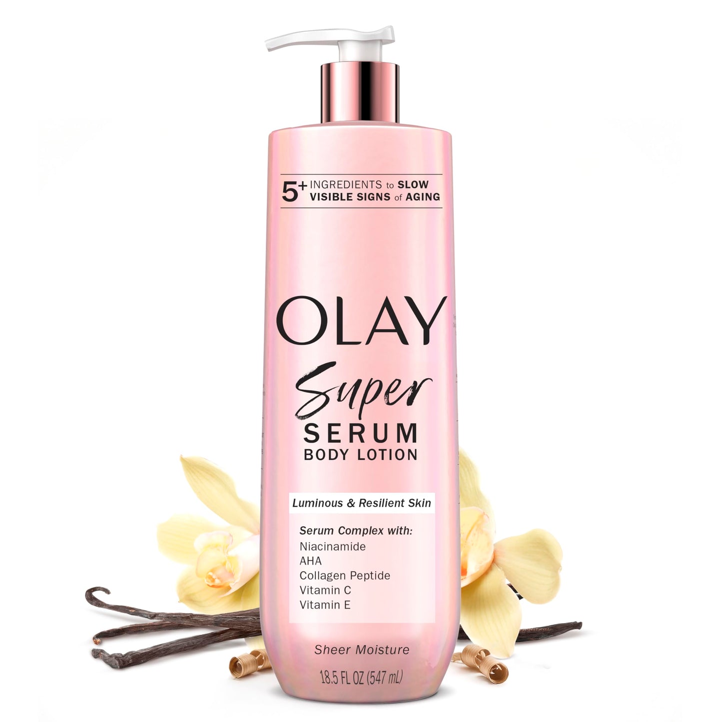 HotOlay Super Serum Hand & Body Lotion for Dry Skin, 24hr Long Lasting Hydration, 5+ Ingredient Complex for Bright Even Firm Luminous Skin, Sweet Vanilla & Soft Wood Scent, 18.5 fl oz