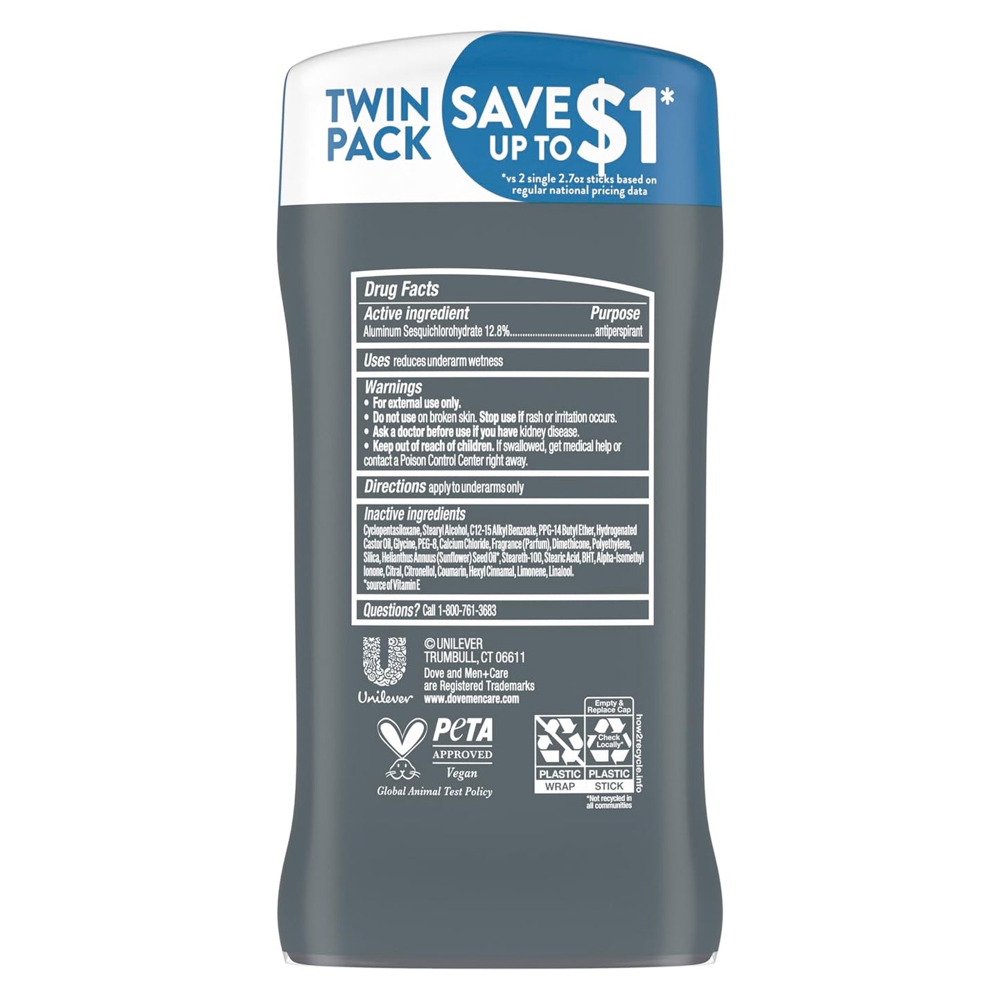 HotDOVE MEN + CARE Antiperspirant Deodorant Stick Clean Comfort Twin Pack 72-Hour Sweat & Odor Protection Antiperspirant for Men With 1/4 Moisturizing Cream 2.7 oz