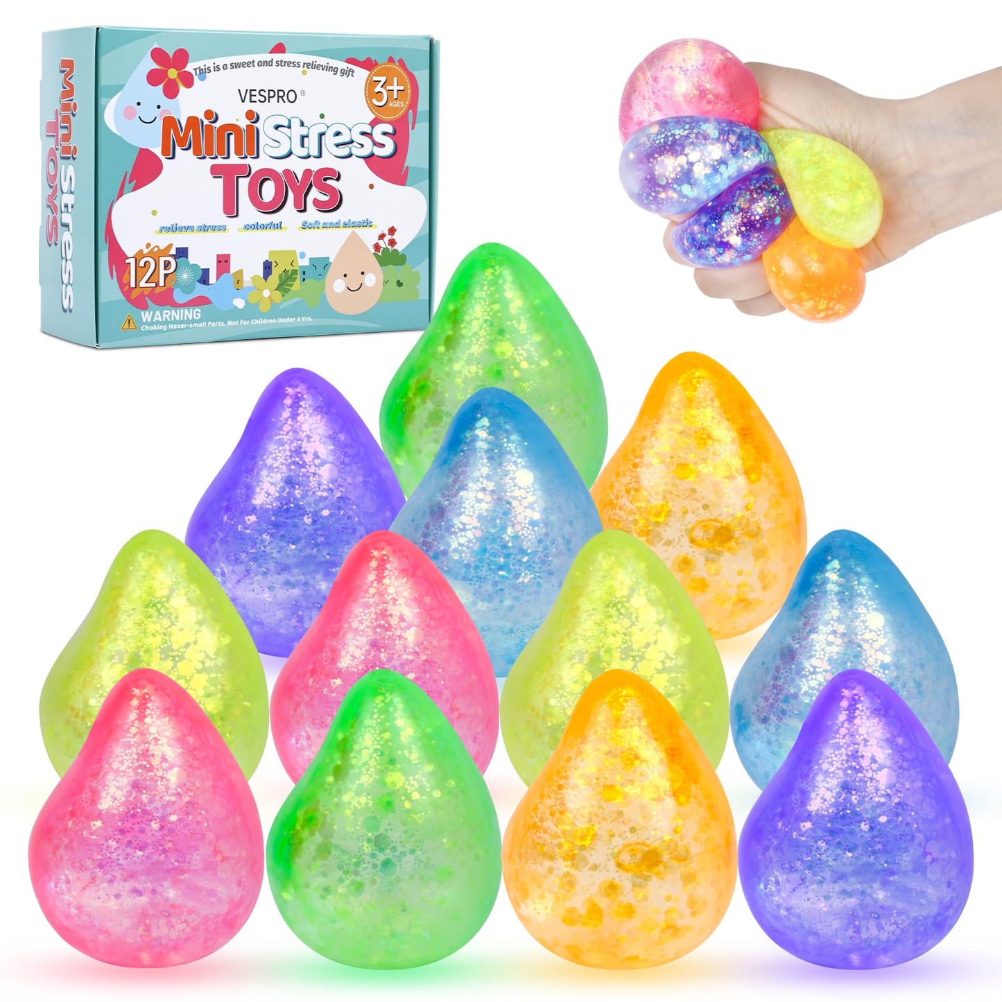 HotVESPRO 12Pack Fidget Toys Squishy ，Cute Bear Squeeze Ball | Bulk Squishy Fidget Squeeze Play Toys，Pull Stretch Classroom Prize Party Favors Toys for Kids