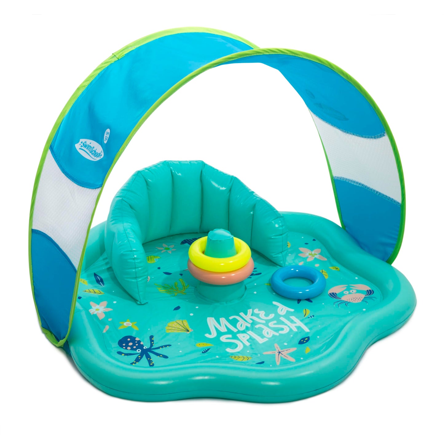 HotSwimSchool Infant Baby Pool Floats, Free Swimming, Super Buoyant – Ages 6-24 Months – Multiple Colors/Styles – Adjustable Canopies and Seats, Splash & Play Baby Floaties