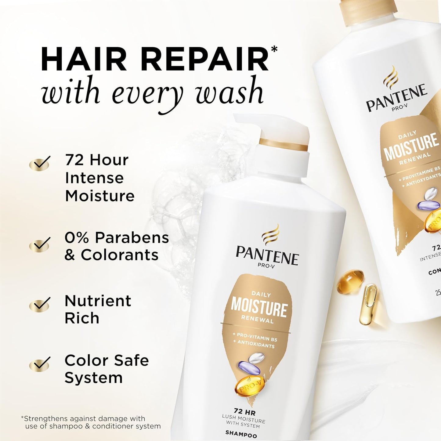 HotPantene Shampoo & Conditioner Set, Daily Moisture Renewal - Pro-V Nutrients for Dry, Color-Treated, Straight to Curly Hair, 72-Hour Hydration & Softness, 52.8 Oz Total + Miracle Rescue Shot (0.5 Oz)
