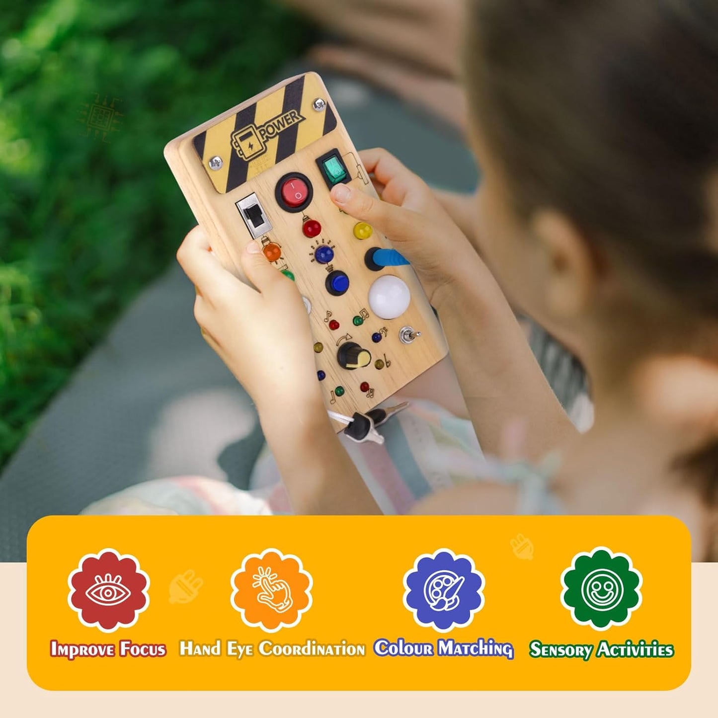 Hot Hoarosall Montessori Wooden Busy Board with 8 LED Light switches, Sensory Toys Light Switch Travel Toys for 1+ Year Old Baby and Toddler