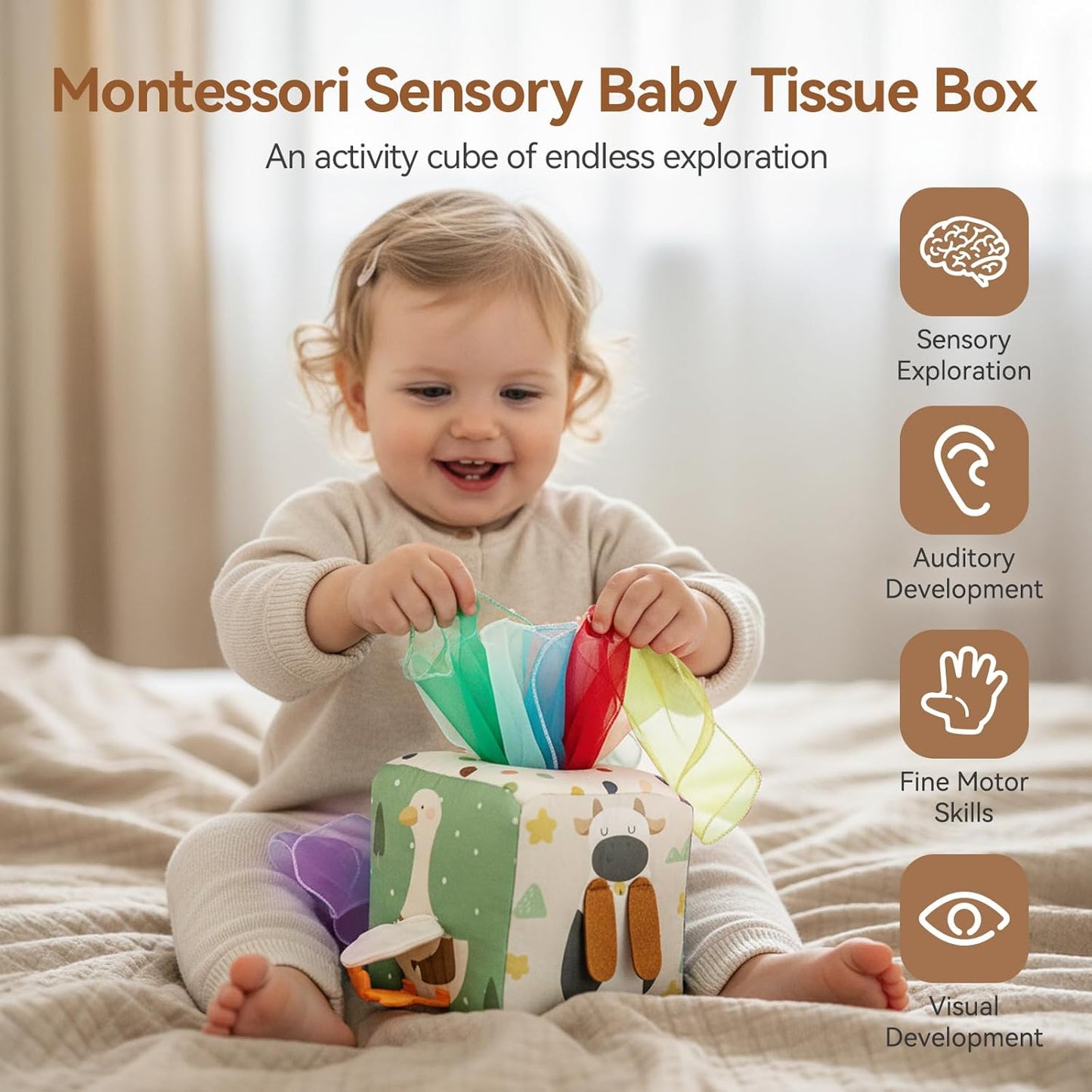 HotYouuys Baby Tissue Box Toy for Babies 6-12 Months, Montessori Sensory Toys for 1 Year Old Boy, Infant Toy with Crinkle Tissues & Fine Motor, for 6 9 12 18 Months Old Kids 1st Birthday