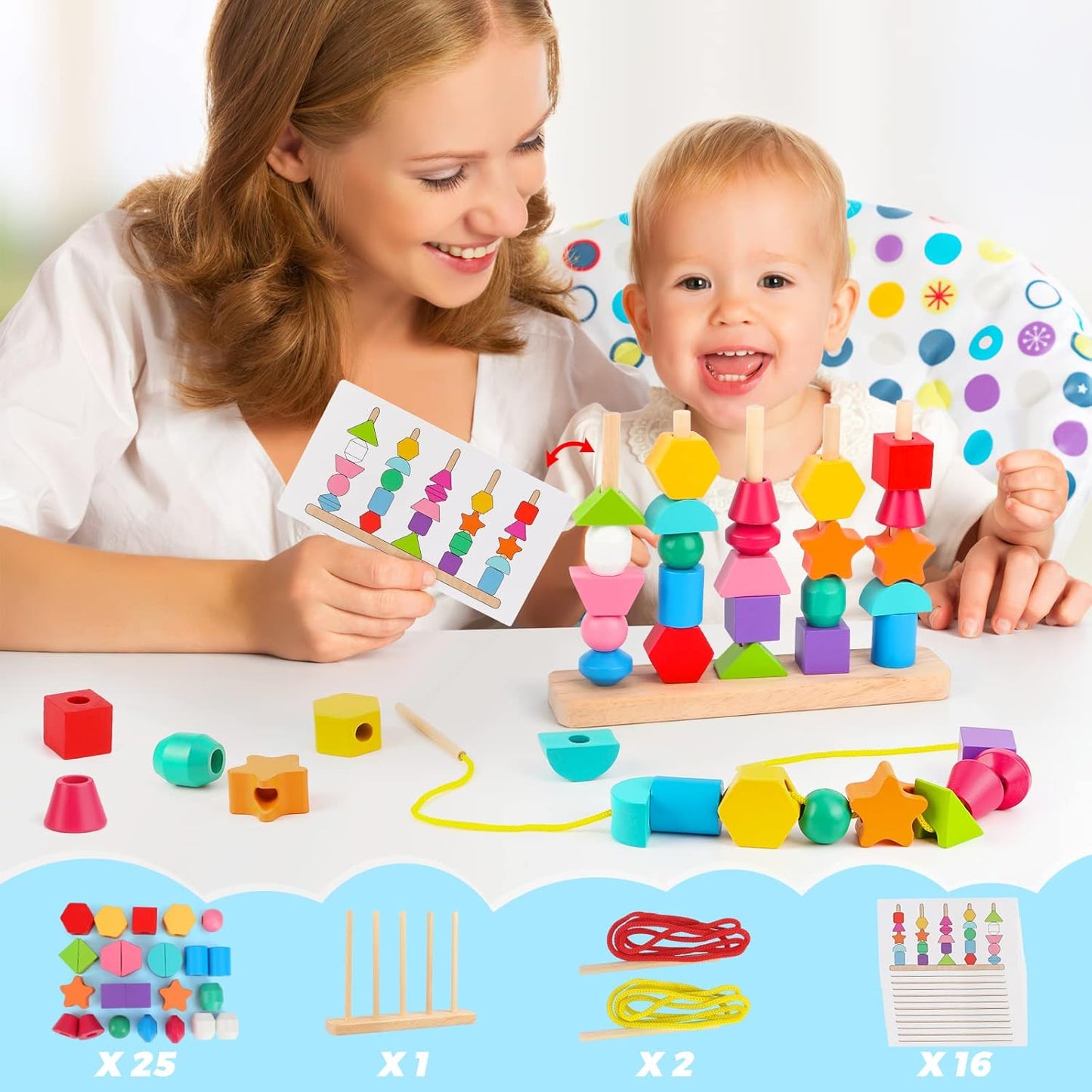 Hot Montessori Wooden Beads Sequencing Toy Set, Stacking Blocks & Lacing Beads & Matching Shape Stacker, Montessori Toys for 3 4 5 Year Old STEM Preschool Learning Toys Gifts for Kids Boy Girl Toddler